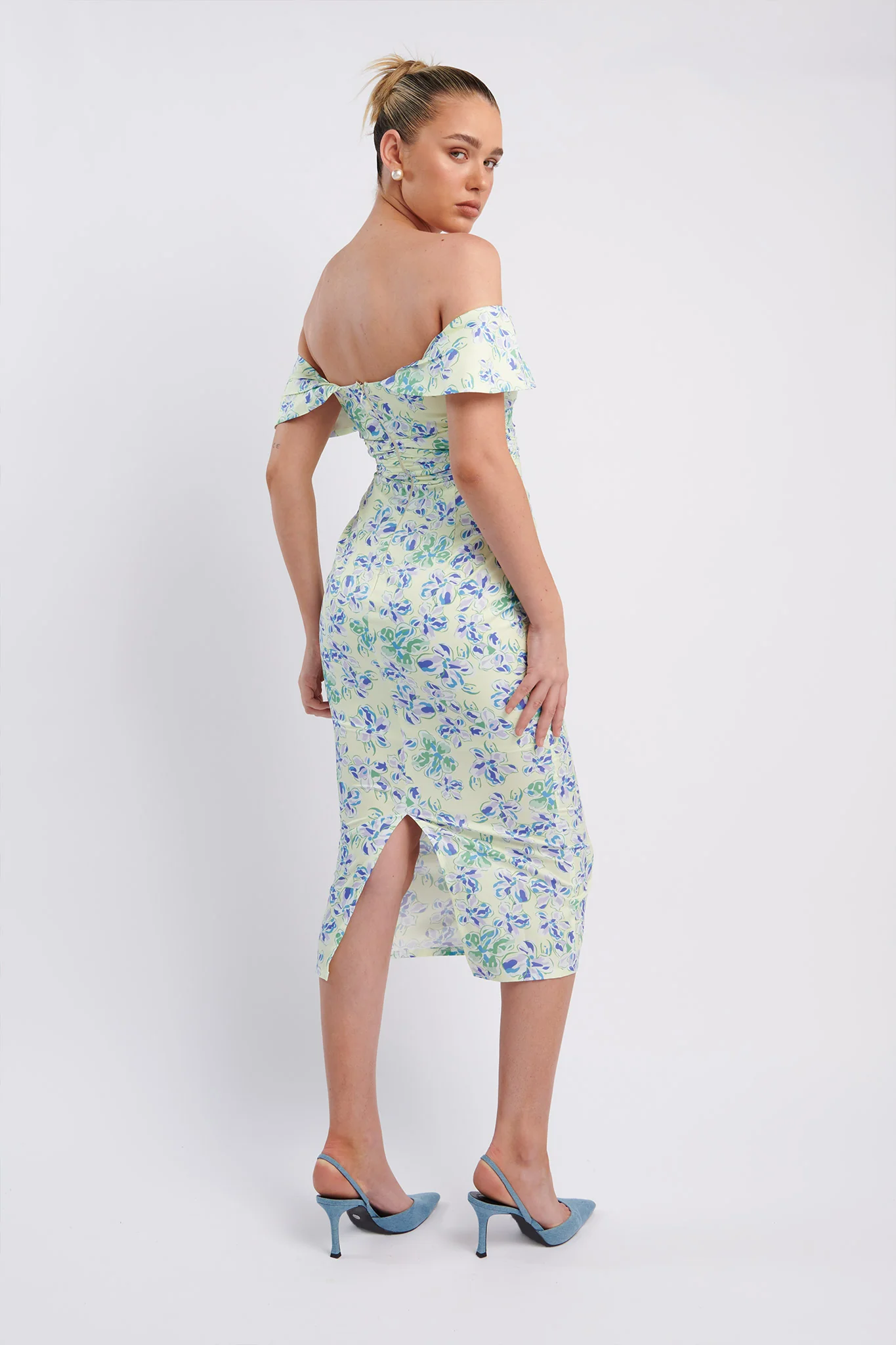 Lillianne Off-Shoulder Midi Dress Floral Blue - Seraphlike