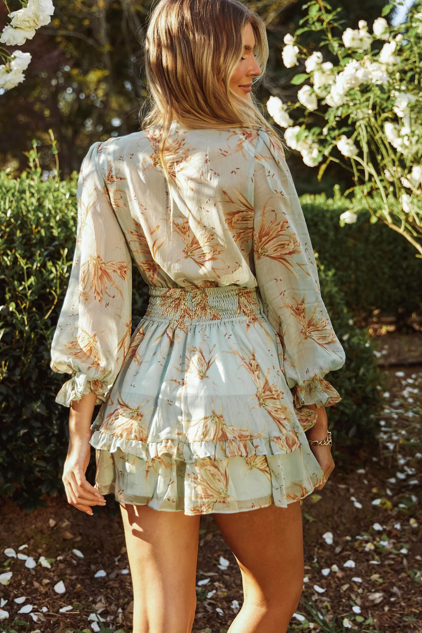 Anthea Long Sleeve Bow-Tie Front Frill Dress Lily Print Pistachio - Seraphlike