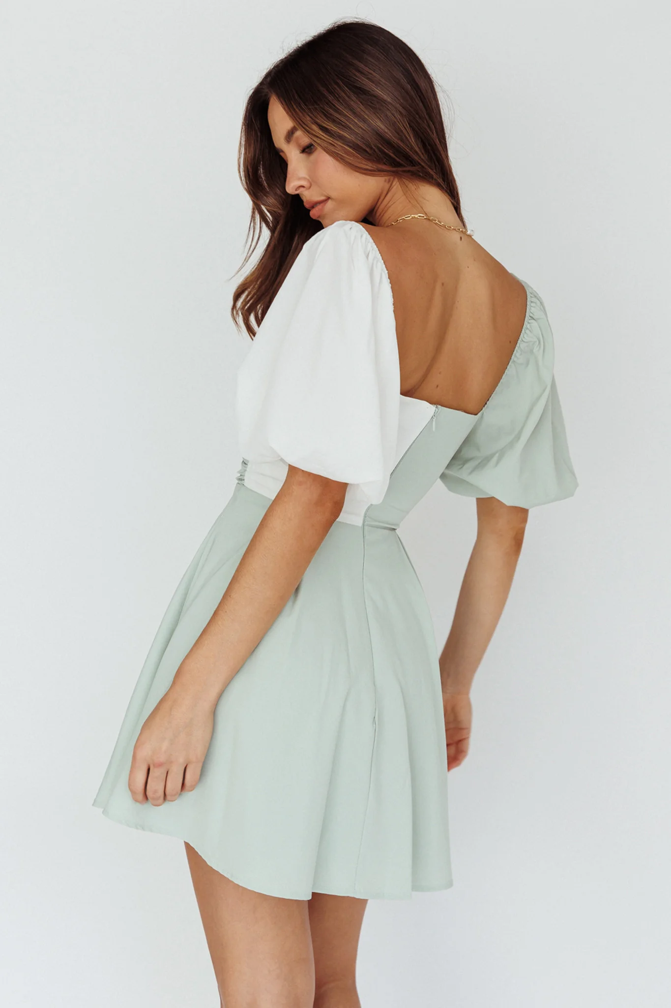 Melie Puff Sleeve Mini Dress Pistachio/White - Seraphlike