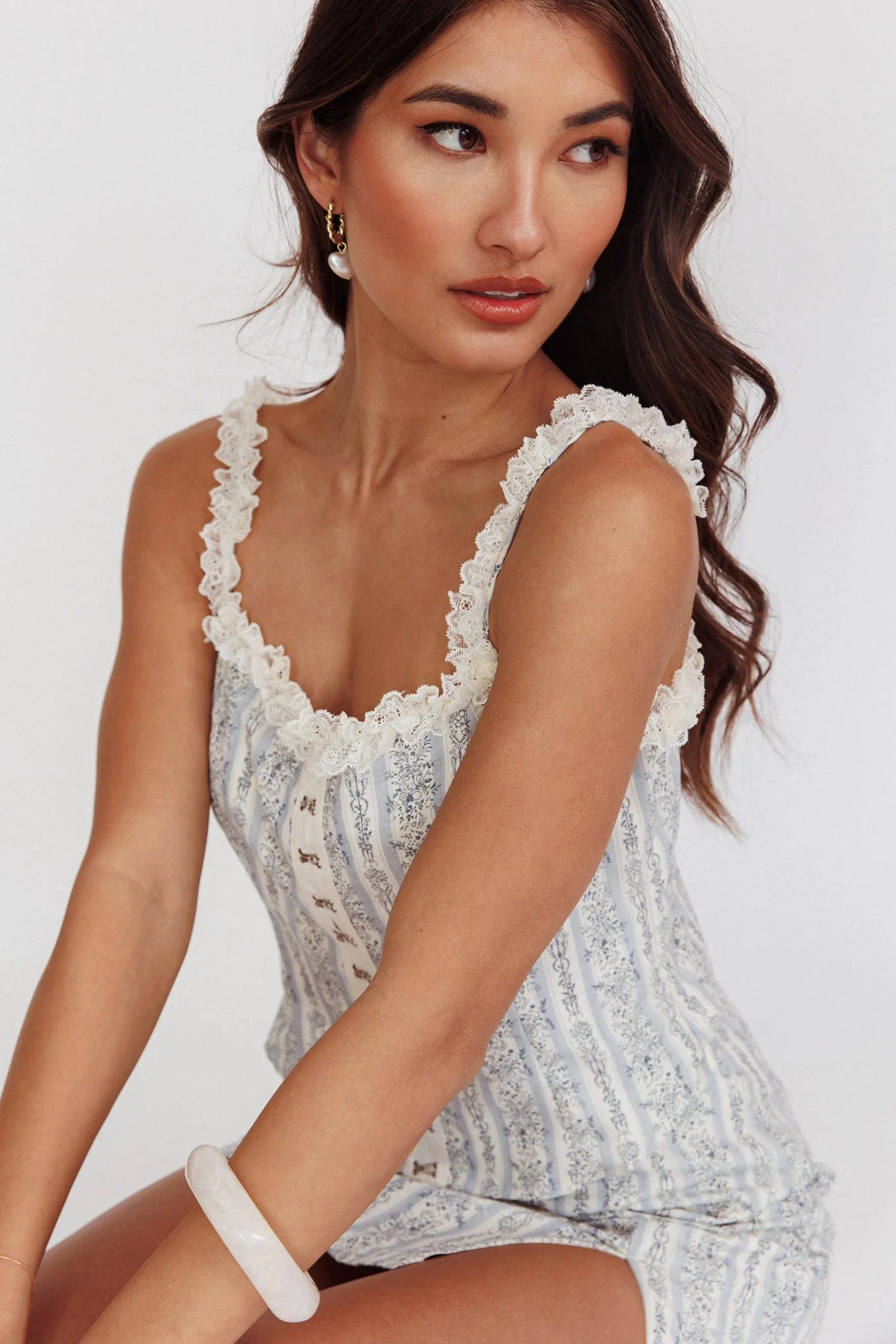 Palmas Hook & Eye Lace Trim Top Floral Blue - Seraphlike