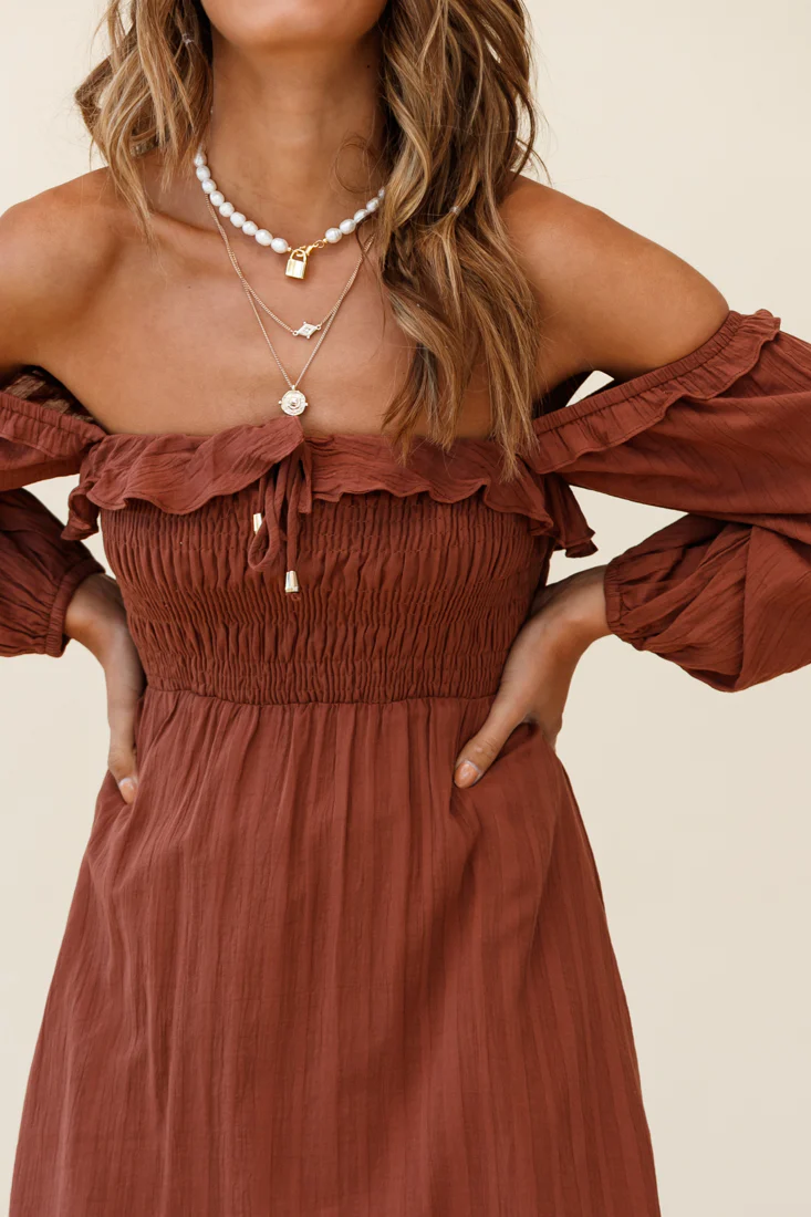 Flynn Off-Shoulder Shirred Bust Midi Dress Tan - Seraphlike