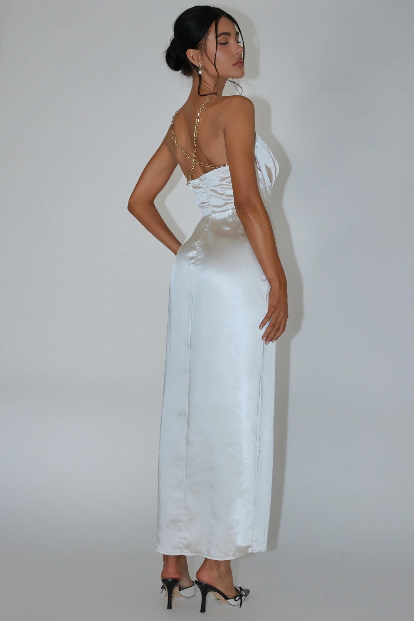 Emanuella Chain Strap Satin Midi Dress Champagne - Seraphlike