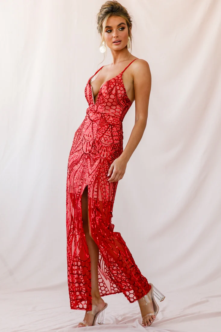 Miya Sequin Overlay Plunging Neckline Dress Red - Seraphlike