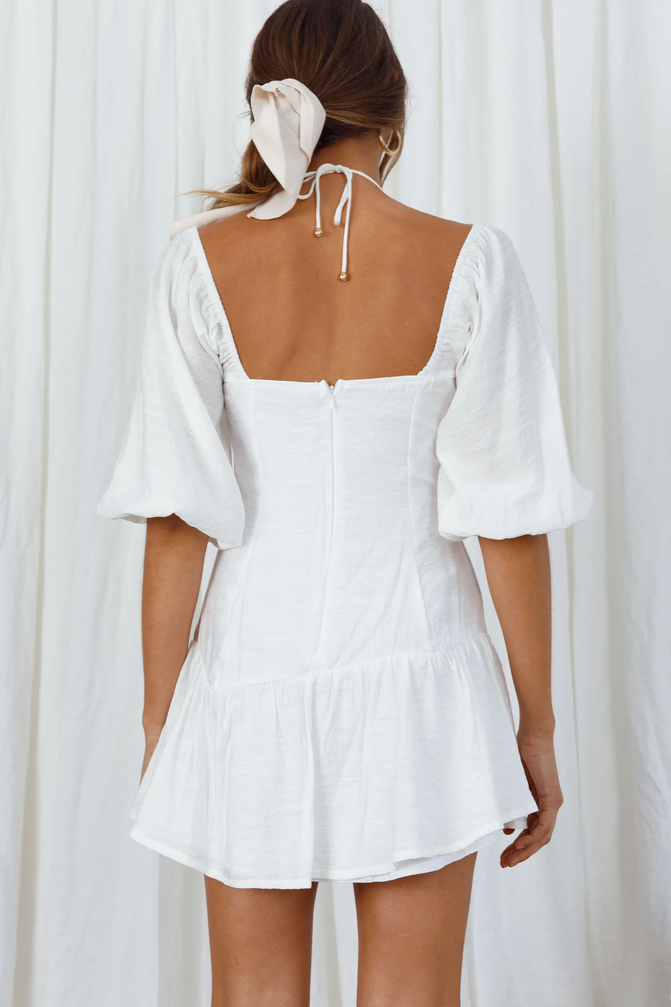 Summertime String-Tie Halterneck Puff Sleeve Mini Dress White - Seraphlike