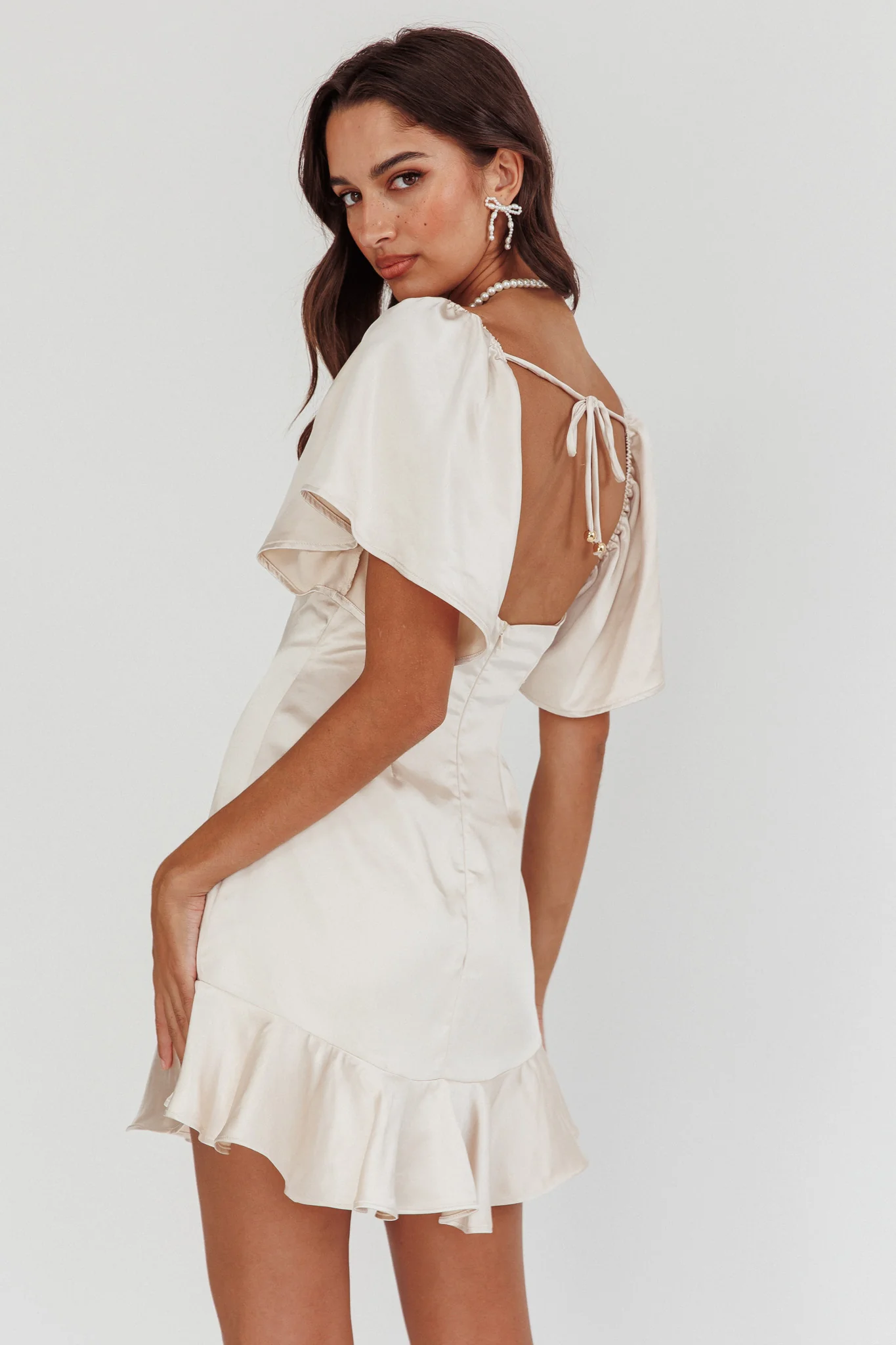 Eyes On You Pleated Bust Angel Sleeve Ruffle Hem Dress Champagne - Seraphlike