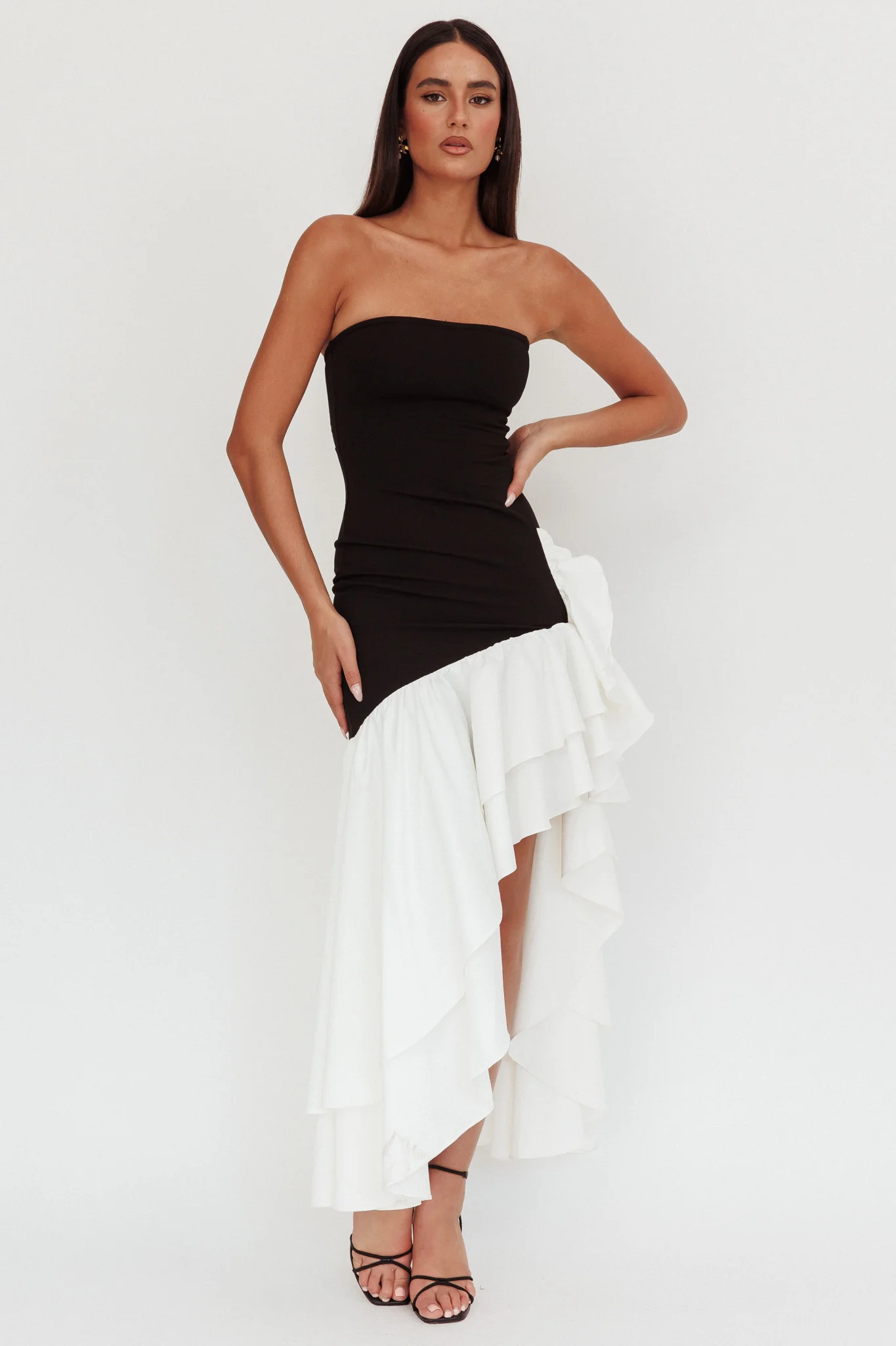 Cha Cha Strapless Thigh Split Dress Black/White - Seraphlike