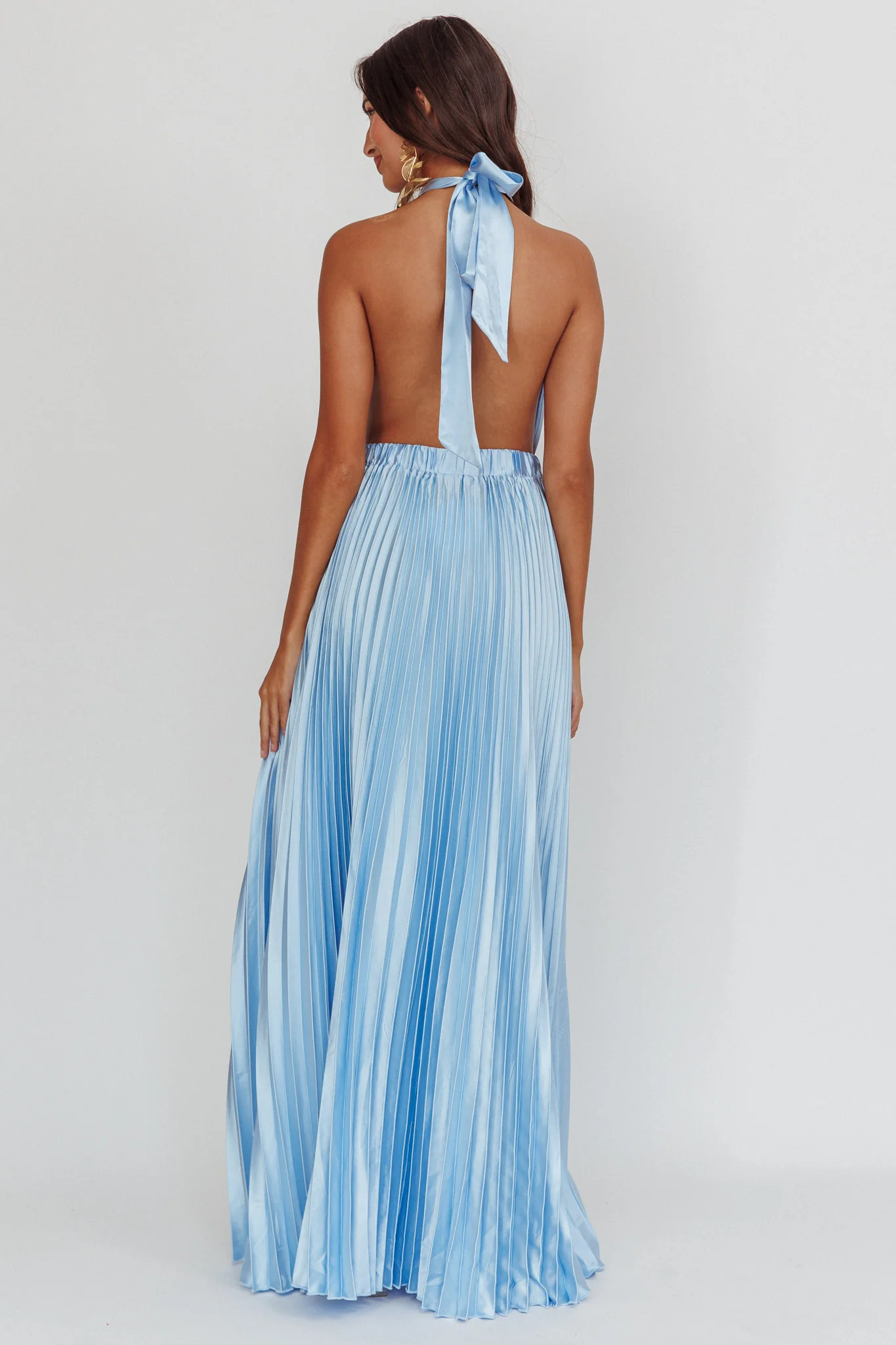 Monarch Pleated Satin Maxi Dress Light Blue - Seraphlike