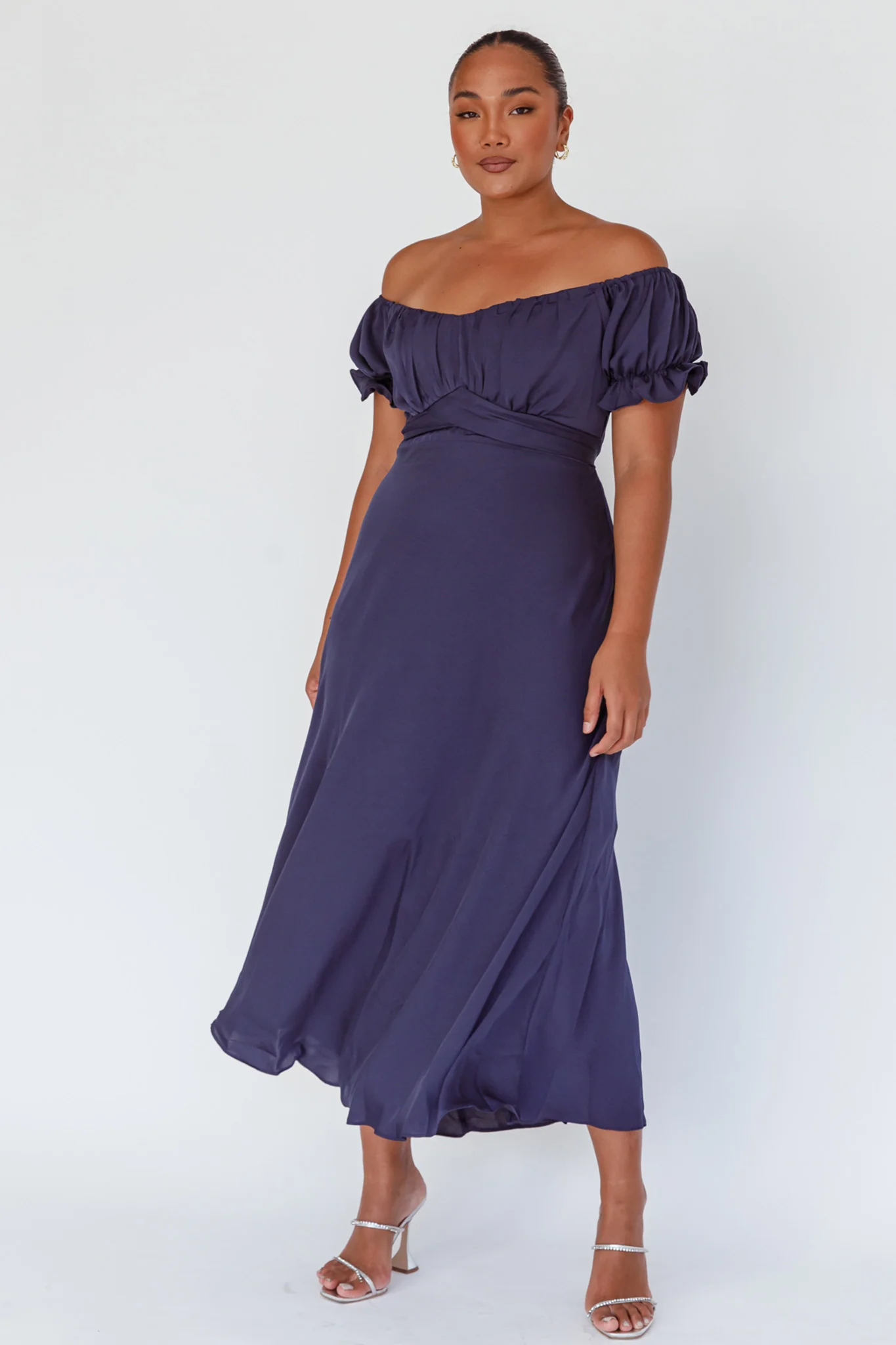 Linka Off-Shoulder Tie Back Midi Dress Navy - Seraphlike