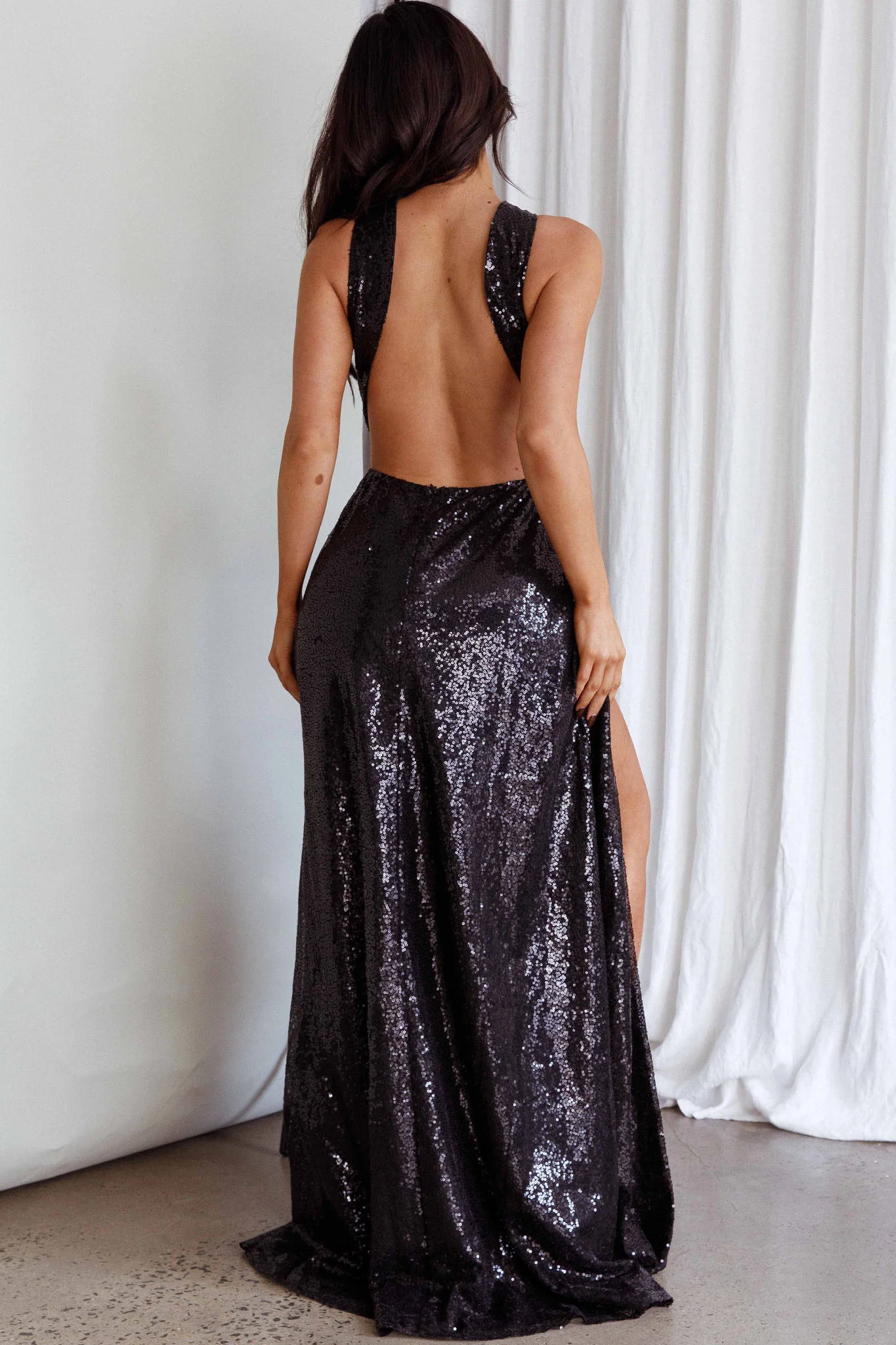 Kimba High Split Sequin Dress Black - Seraphlike