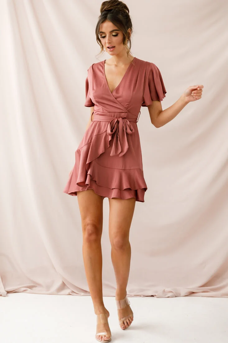 Cami Angel Sleeve Faux Wrap Dress Rose - Seraphlike
