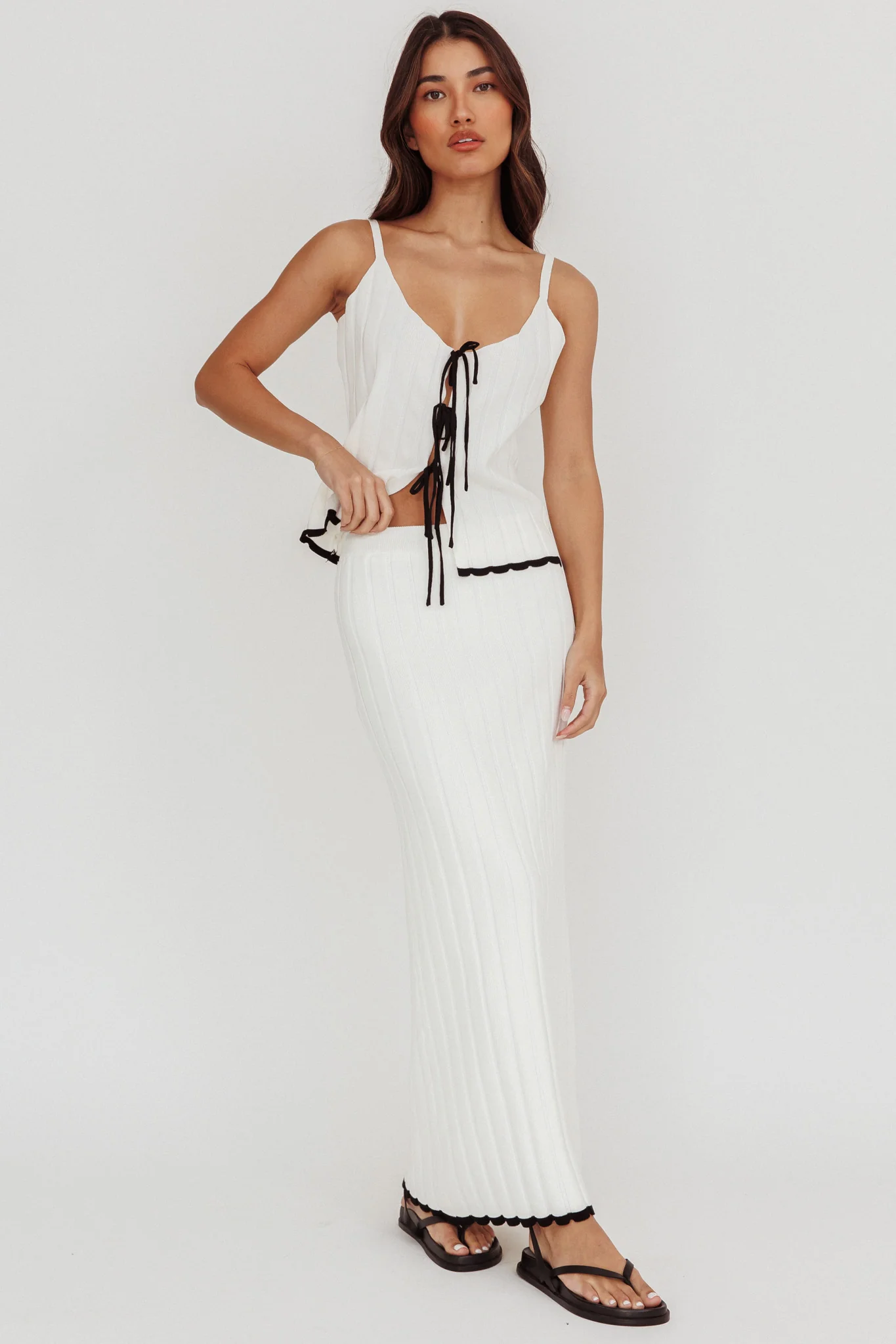 Liloh Contrast Trim Ribbed Maxi Skirt White - Seraphlike