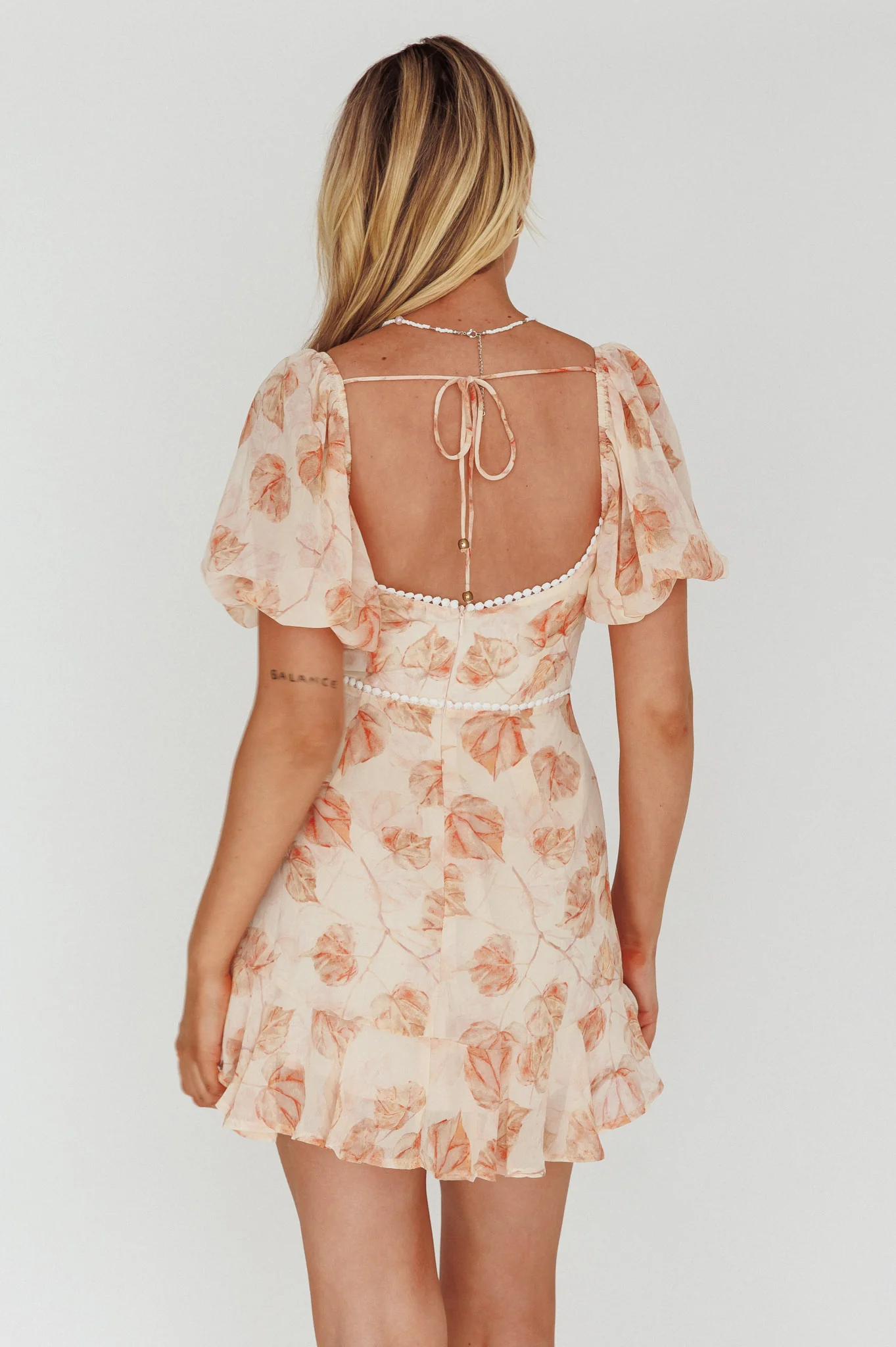 Catch Feelings Sweetheart Puff Sleeve Mini Dress Leaves Beige - Seraphlike