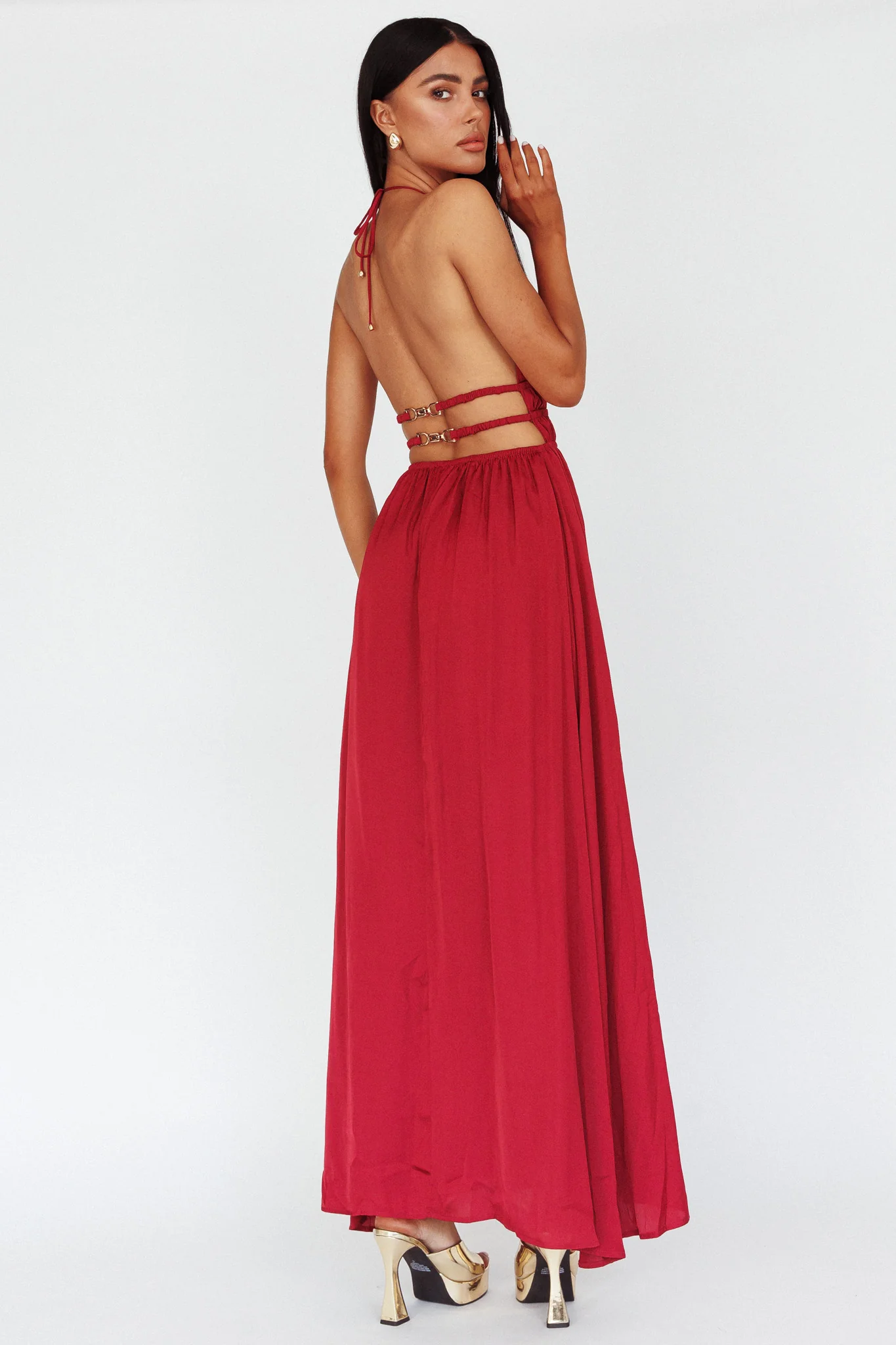 Cyndi Open Back Halterneck Maxi Dress Wine - Seraphlike