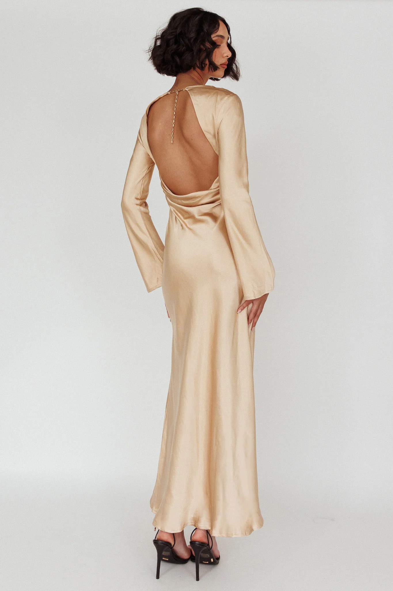 Lavera Open Back Long Sleeve Dress Beige - Seraphlike