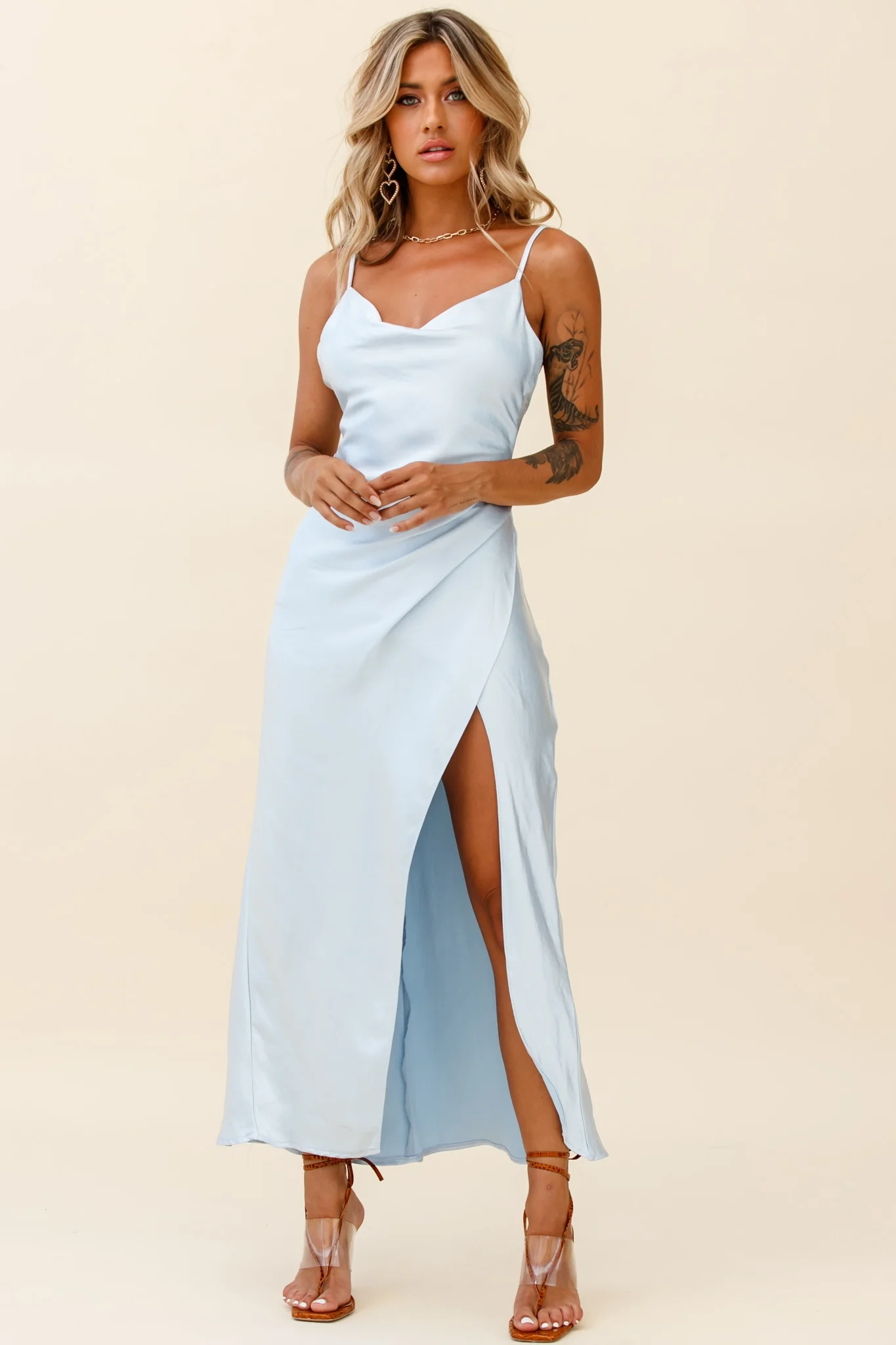 Hey Girl Long Satin Cowl Neck Dress Steel Blue - Seraphlike