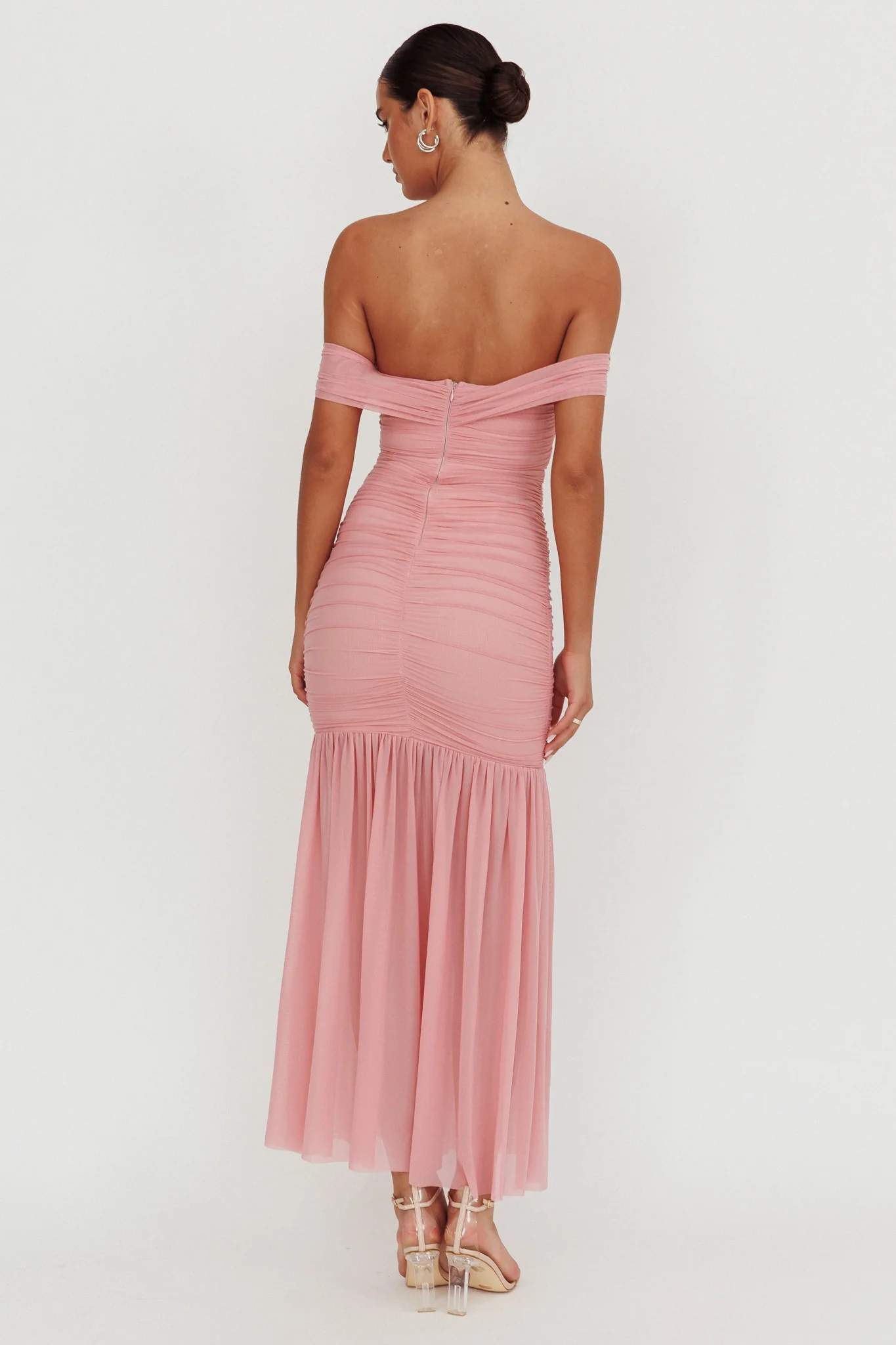 La Salle Off Shoulder Mesh Maxi Dress Pink - Seraphlike