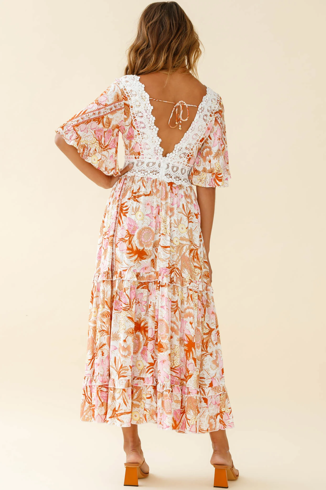 Indio Crochet Insert Deep V-Neckline Angel Sleeve Maxi Dress Floral Print Pink - Seraphlike