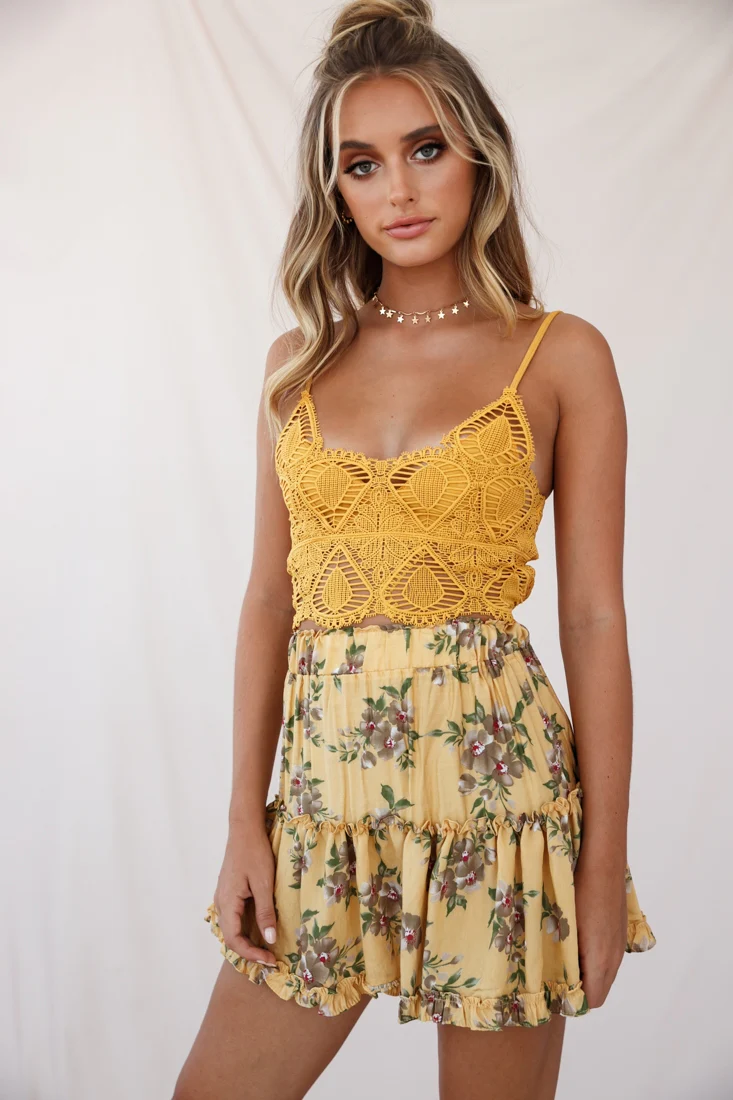 Alexi Floral Mini Skirt Mustard Print - Seraphlike