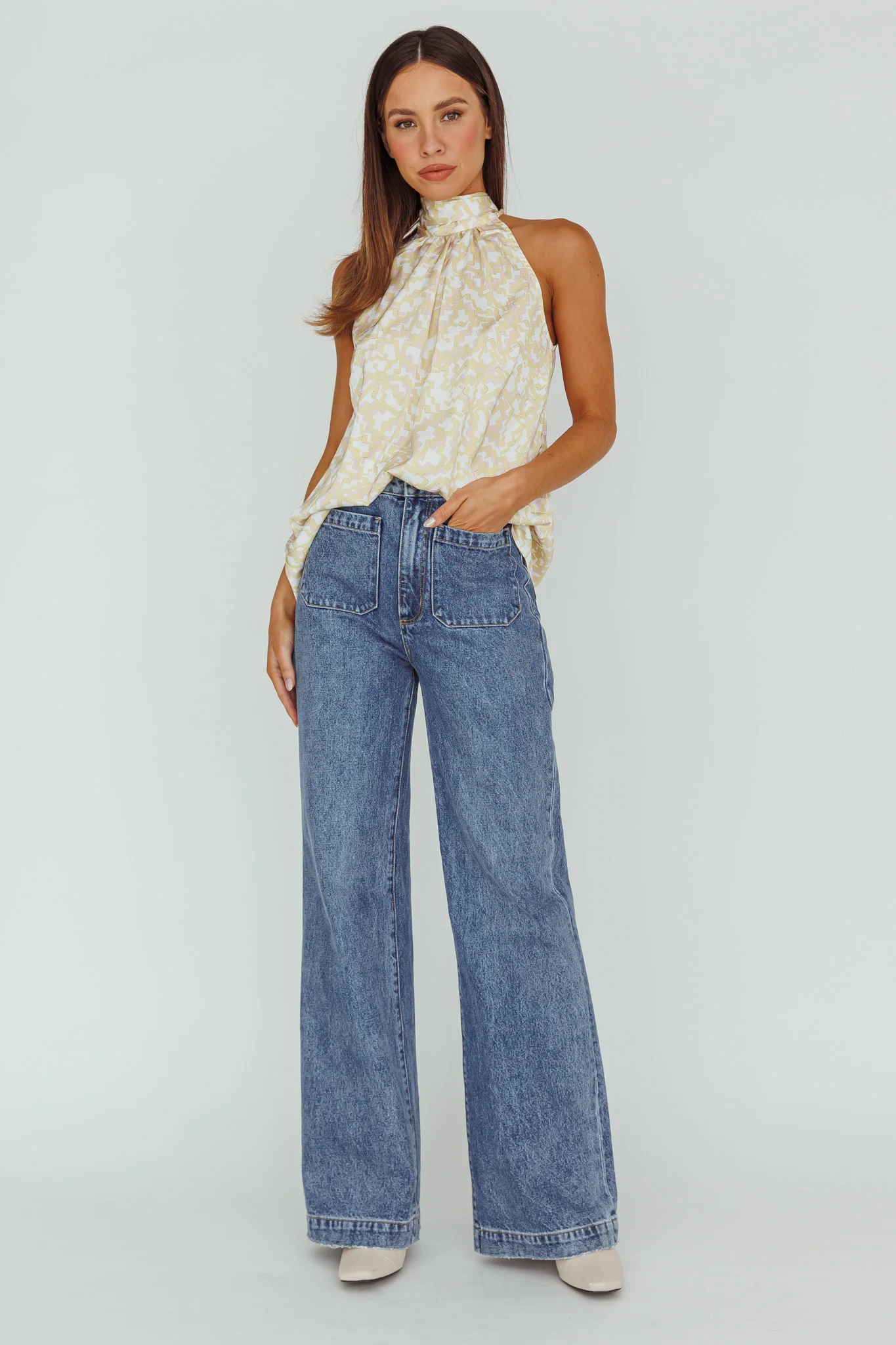 Calisto Sleeveless Tied Neck Top Geometric Yellow - Seraphlike