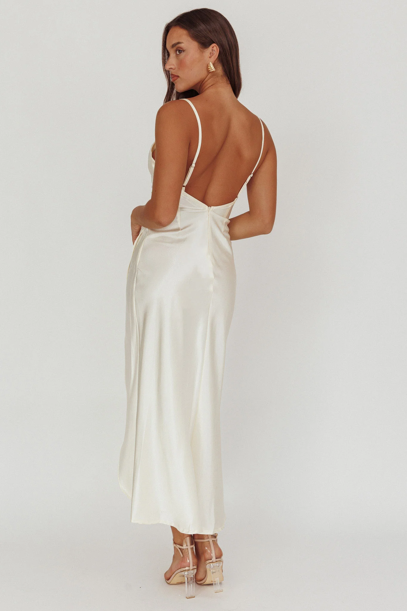 Hey Girl Long Satin Cowl Neck Dress Champagne - Seraphlike