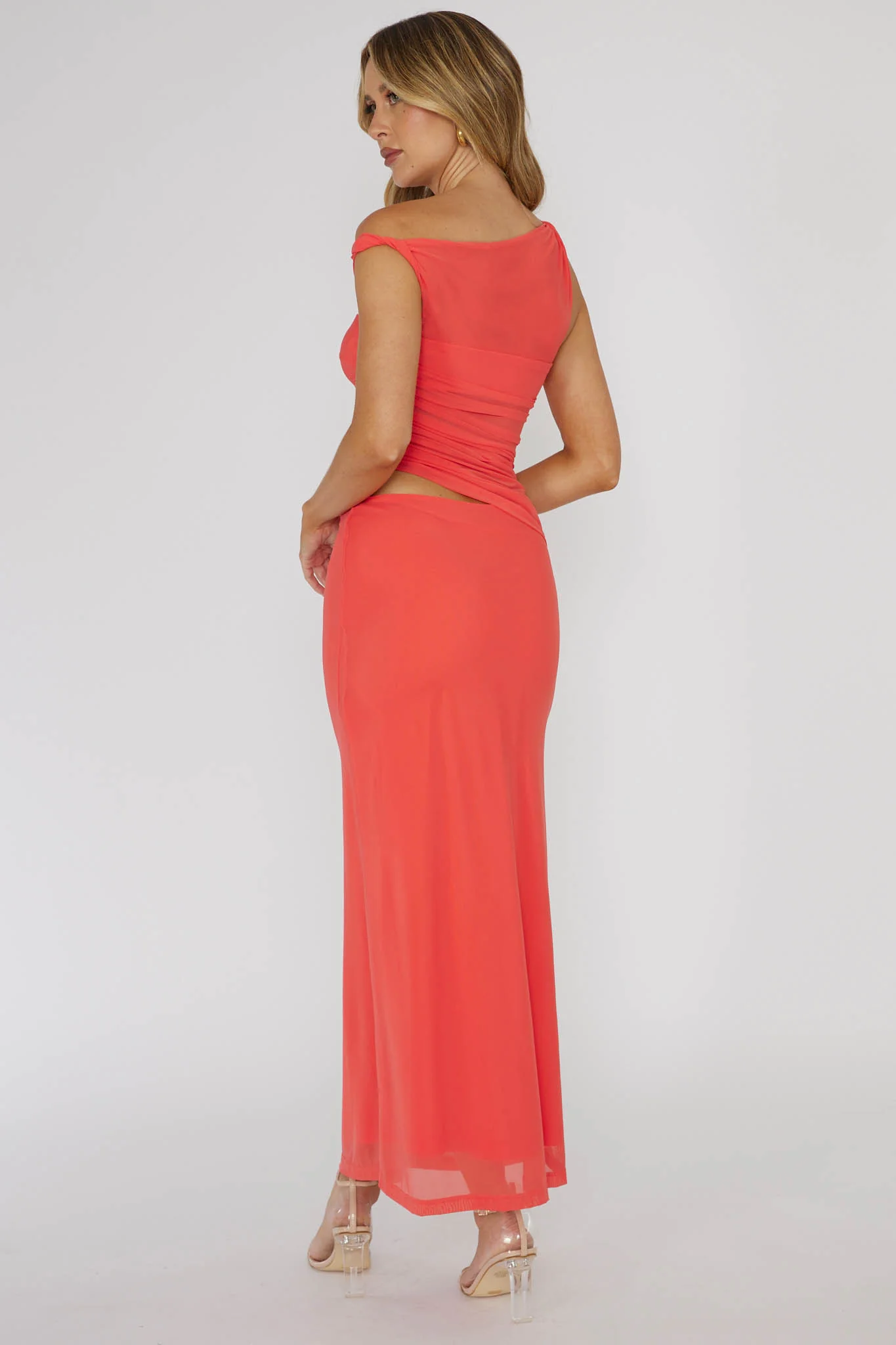 Lorely Ruched Bodice Twist Strap Midi Dress Watermelon - Seraphlike