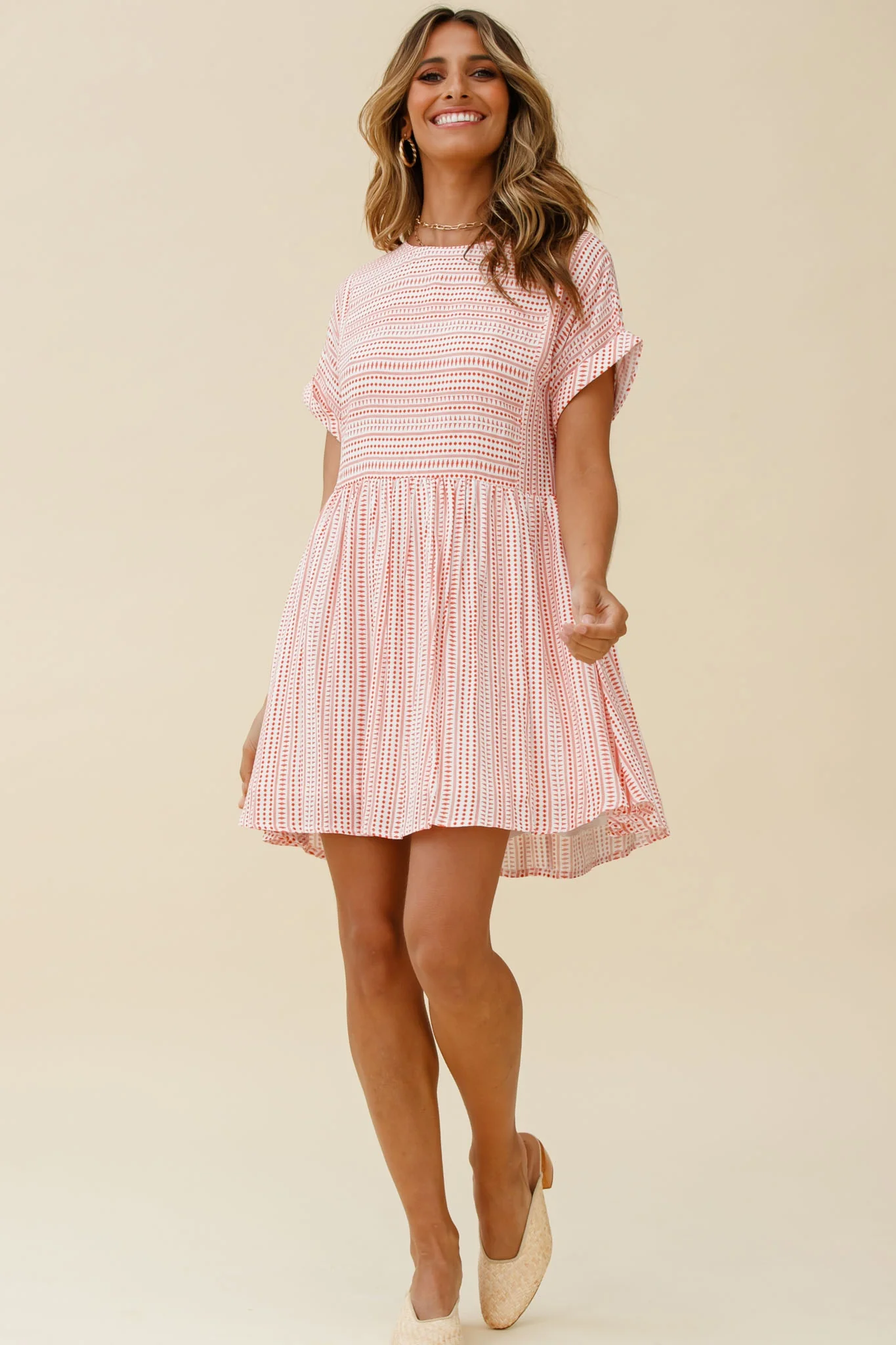 Susie Rolled Sleeve Crew Neck Swing Dress Stripe Pattern Red - Seraphlike