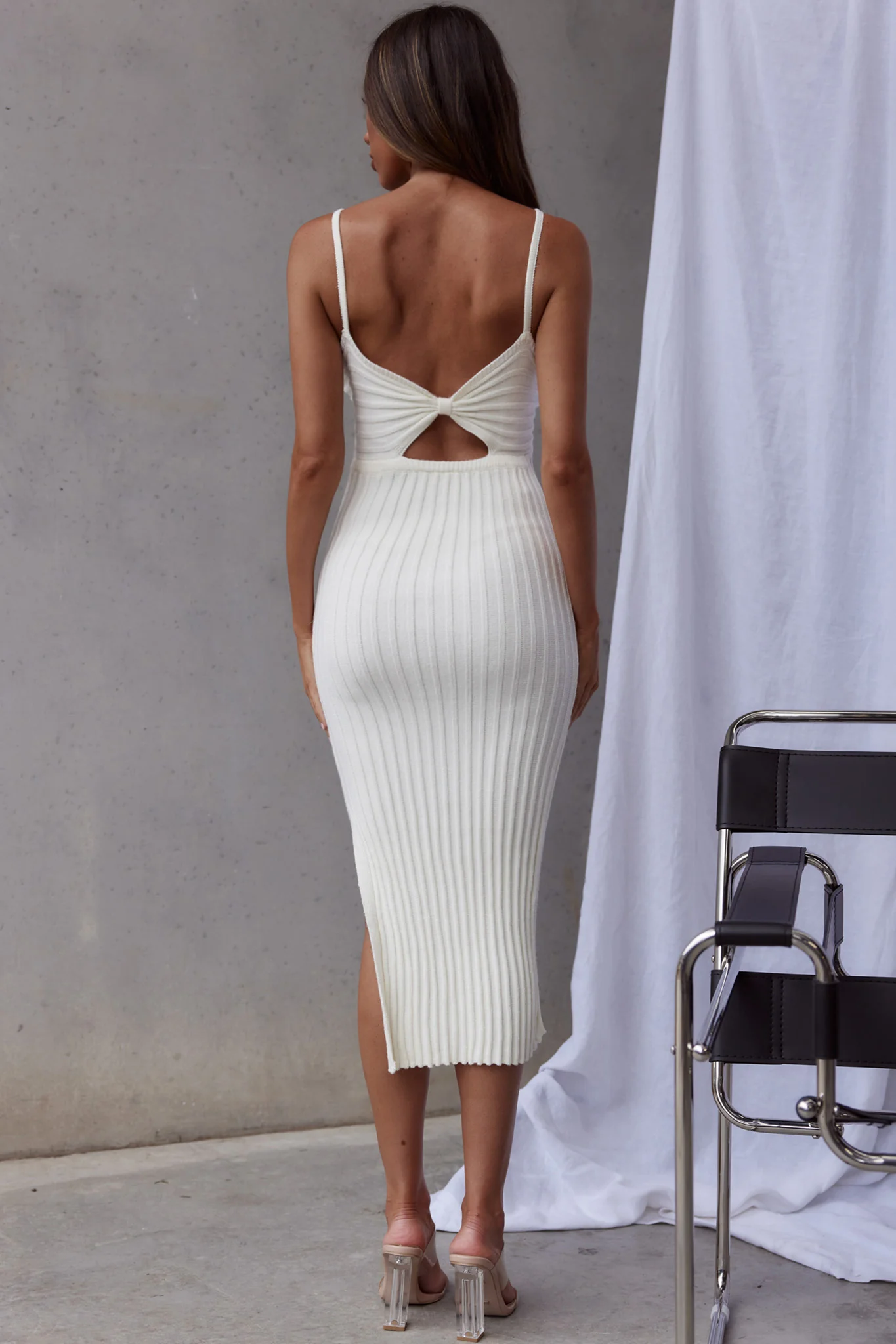 Sweepstakes Ribbed Knit Side Split Midi Dress White - Seraphlike