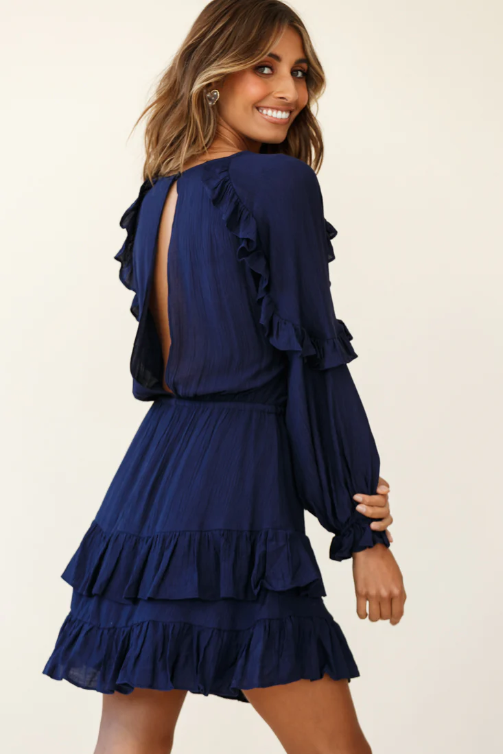 Best Wishes Long Sleeve Frill Detail Dress Navy - Seraphlike