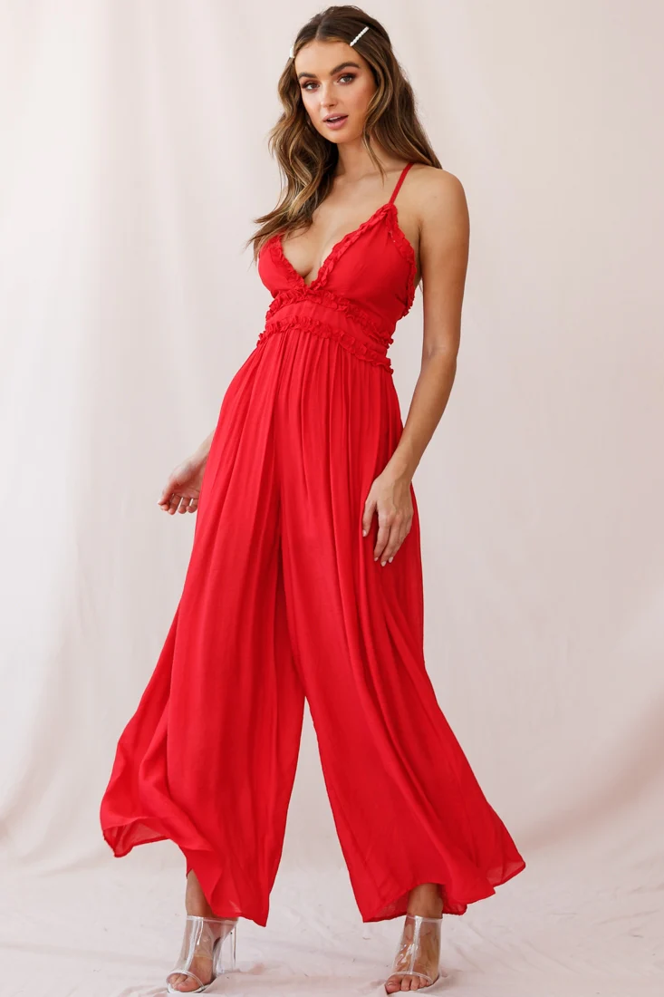 Laney Wide Leg Ruffle Detail Jumpsuit Red - Seraphlike