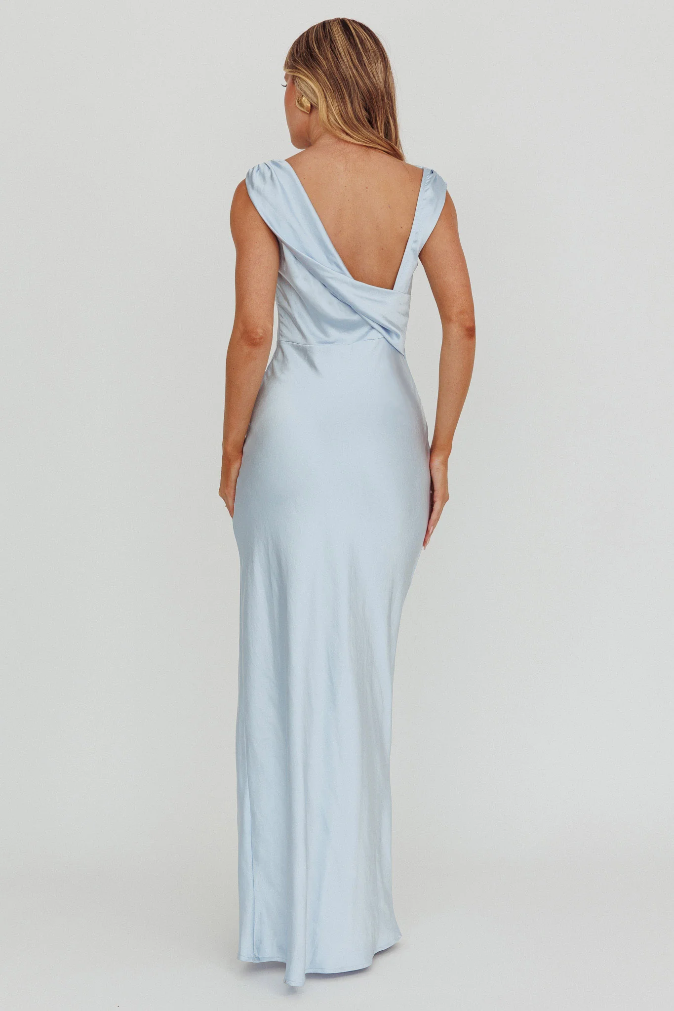 Jinora Cowl Neck Leg Slit Satin Maxi Dress Blue - Seraphlike