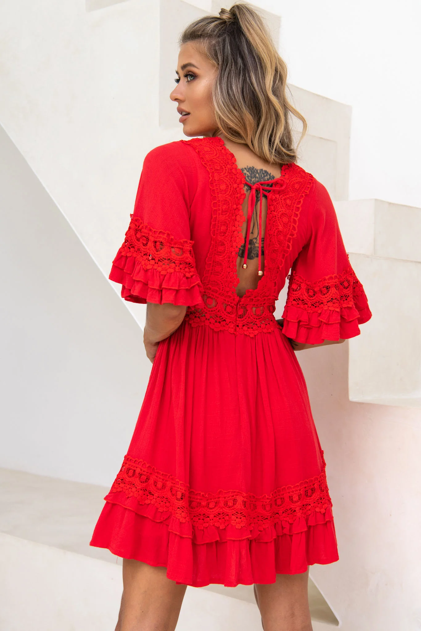Kauai V-Neckline Crochet Lace Trim Dress Red - Seraphlike