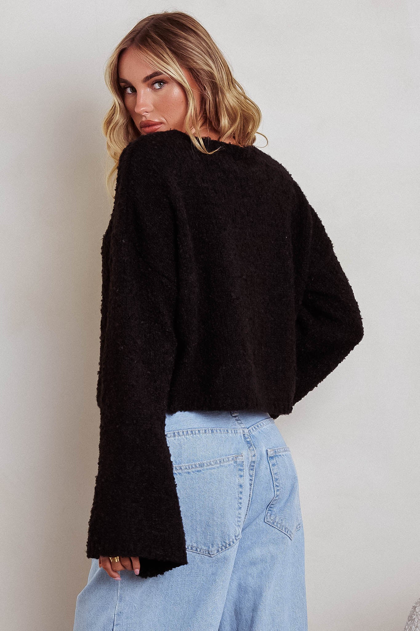 Strasbourg Flared Cuff Drop Shoulder Sweater Black - Seraphlike