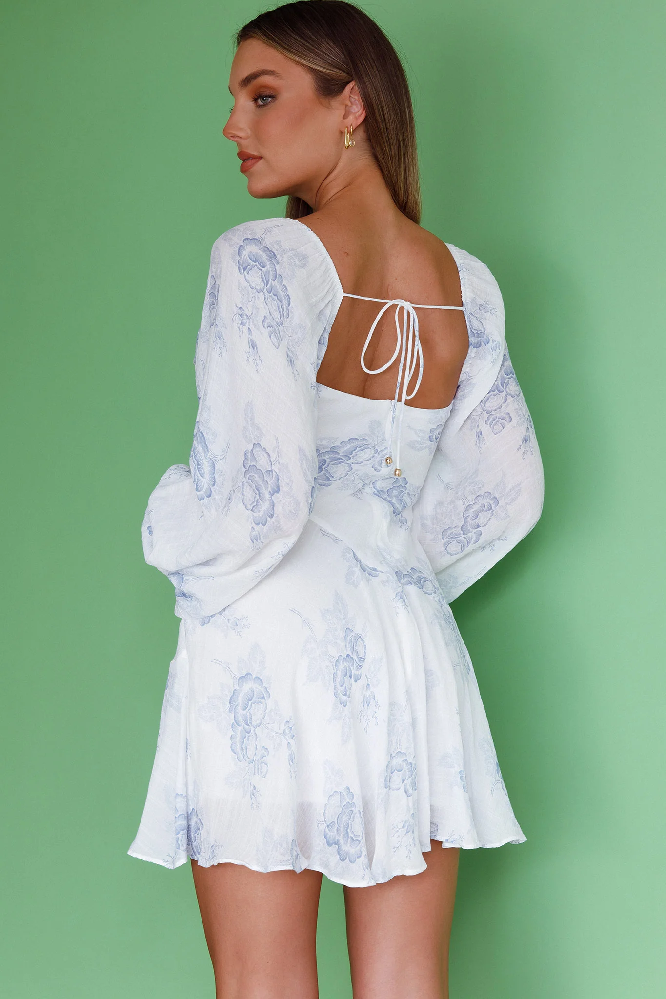 Beaujolais Long Sleeve Cowl Neckline Ruffle Mini Dress Floral Blue - Seraphlike