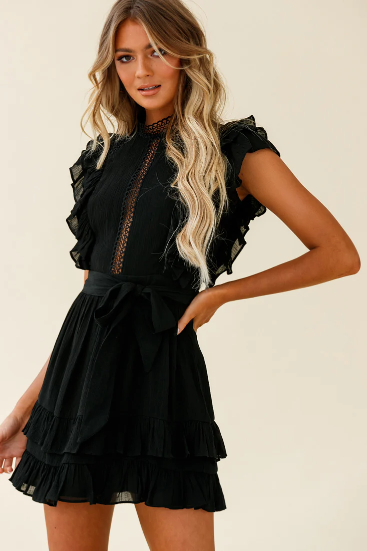 Oakland High Neck Ruffle Detail Dress Black - Seraphlike