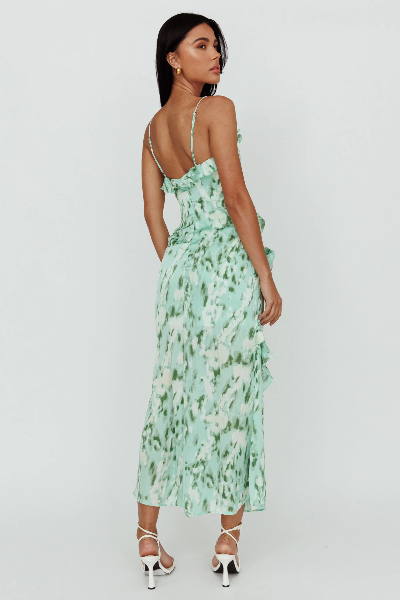 Silvana Frill Trim Midi Dress Print Green - Seraphlike