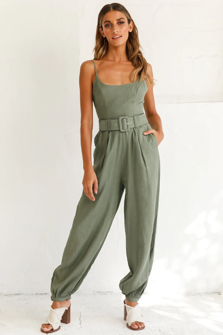 Santa Barbara Cuffed Hem Belted Jumpsuit Olive - Seraphlike