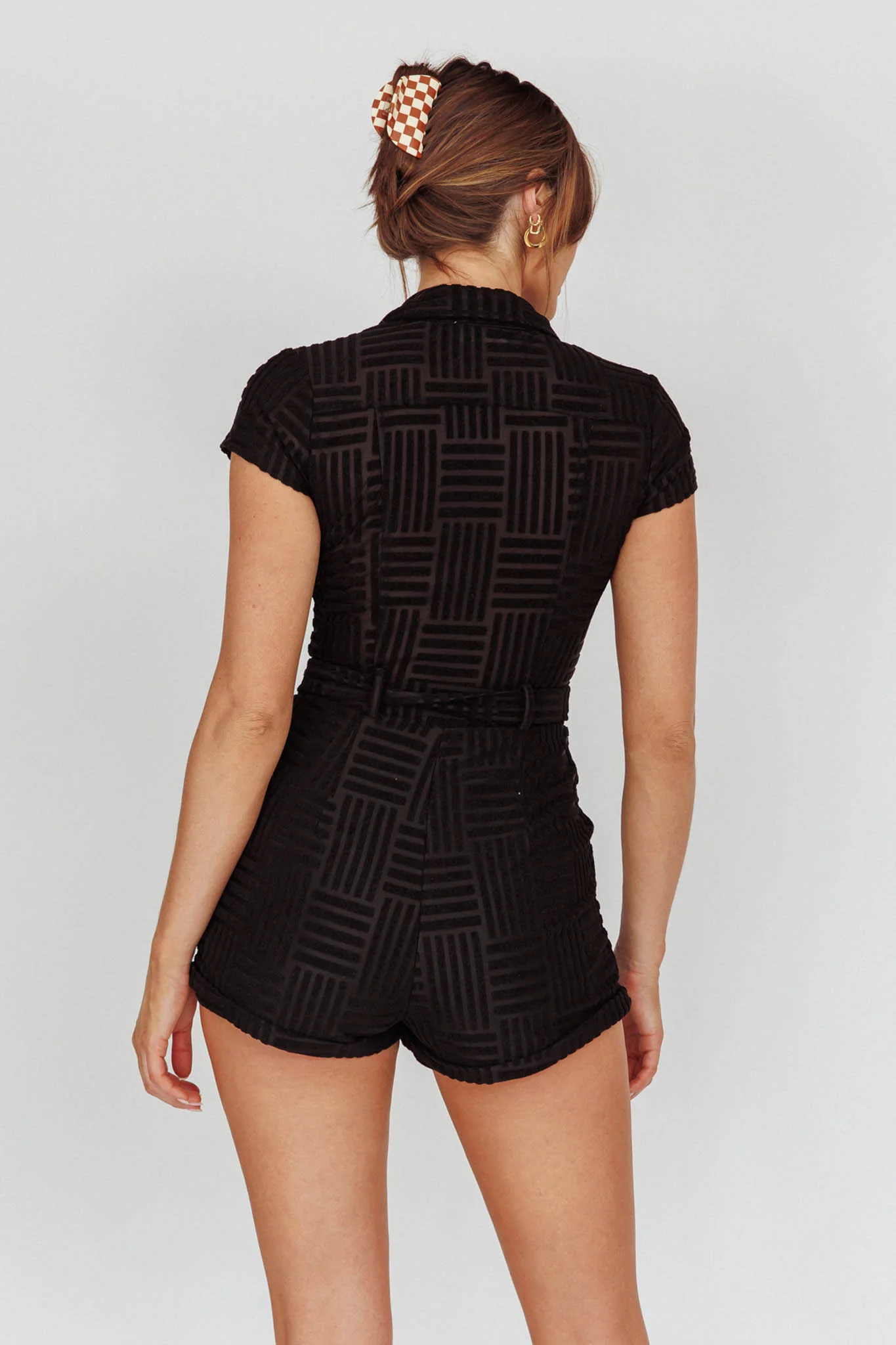 California Girl Short Sleeve Waist Tie Romper Black - Seraphlike