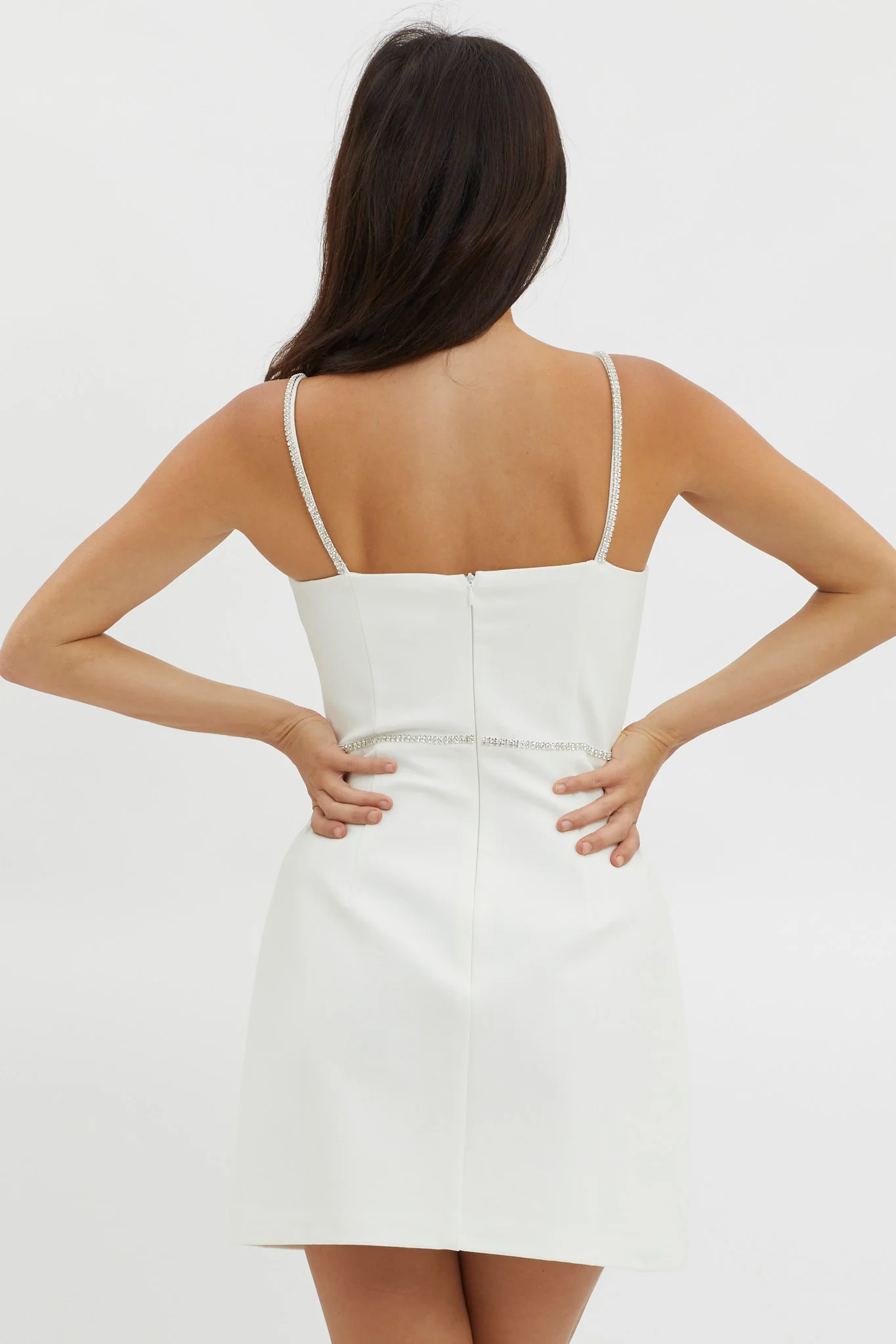 Xharia Diamante Trim Mini Dress Off White - Seraphlike