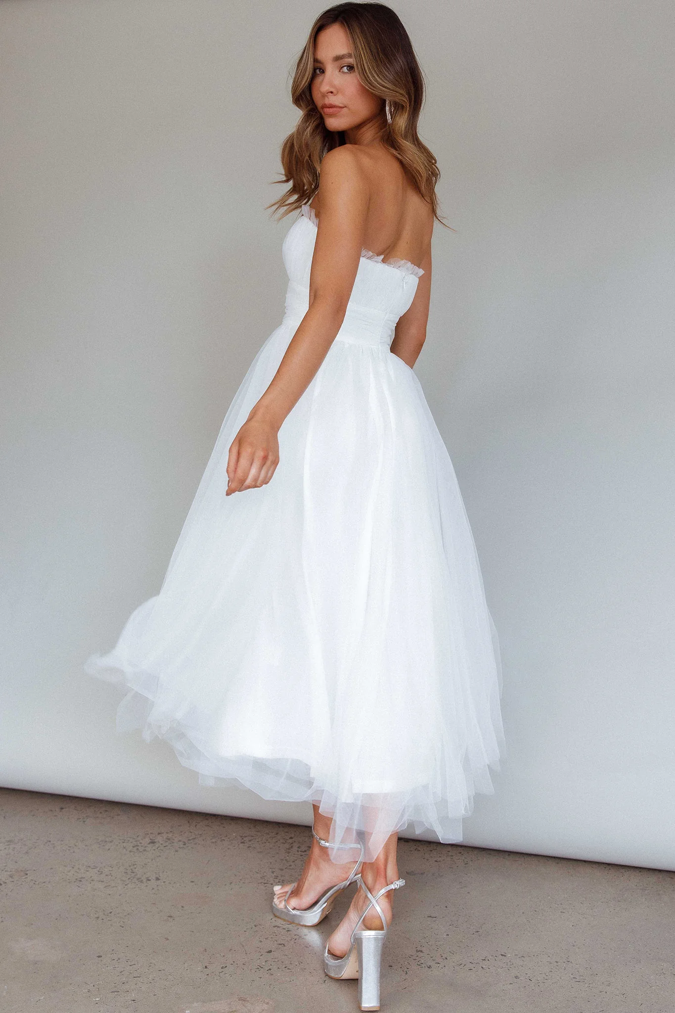 Fayette Strapless Mesh Midi Dress White - Seraphlike