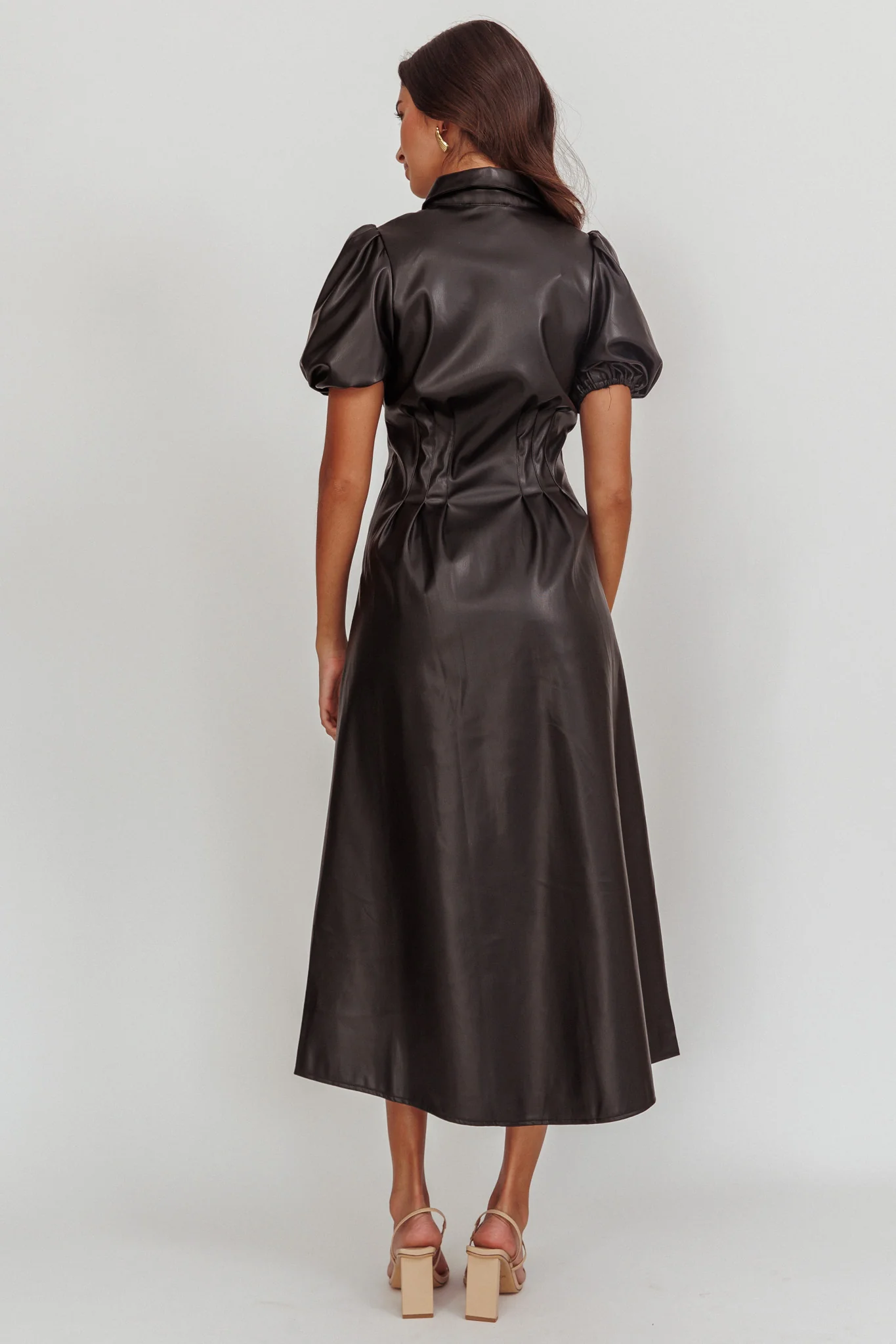 Zurich A-line Puff Sleeve Midi Dress Black - Seraphlike