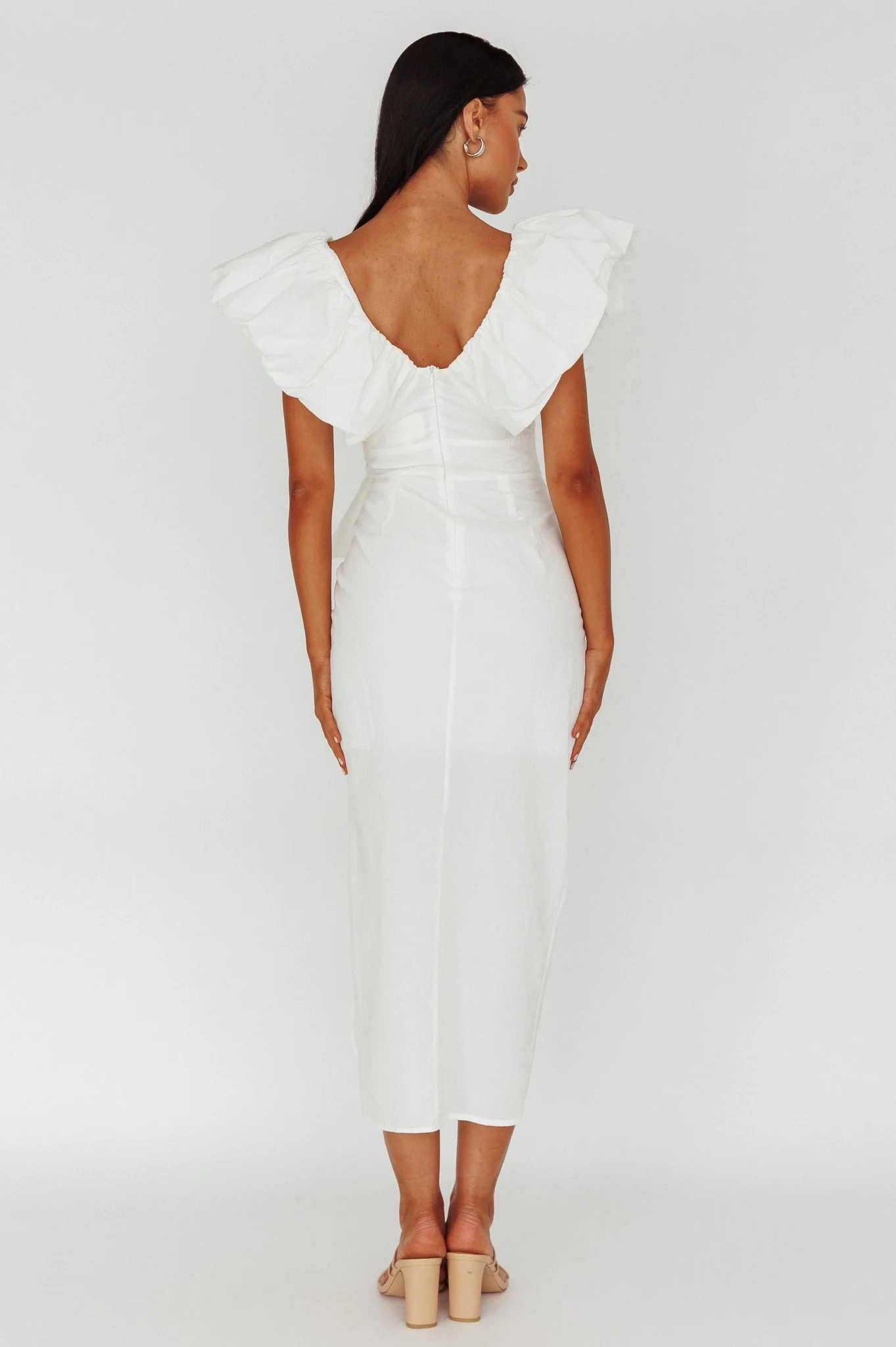 Kahlo Ruffle Neckline Wrap Midi Dress White - Seraphlike