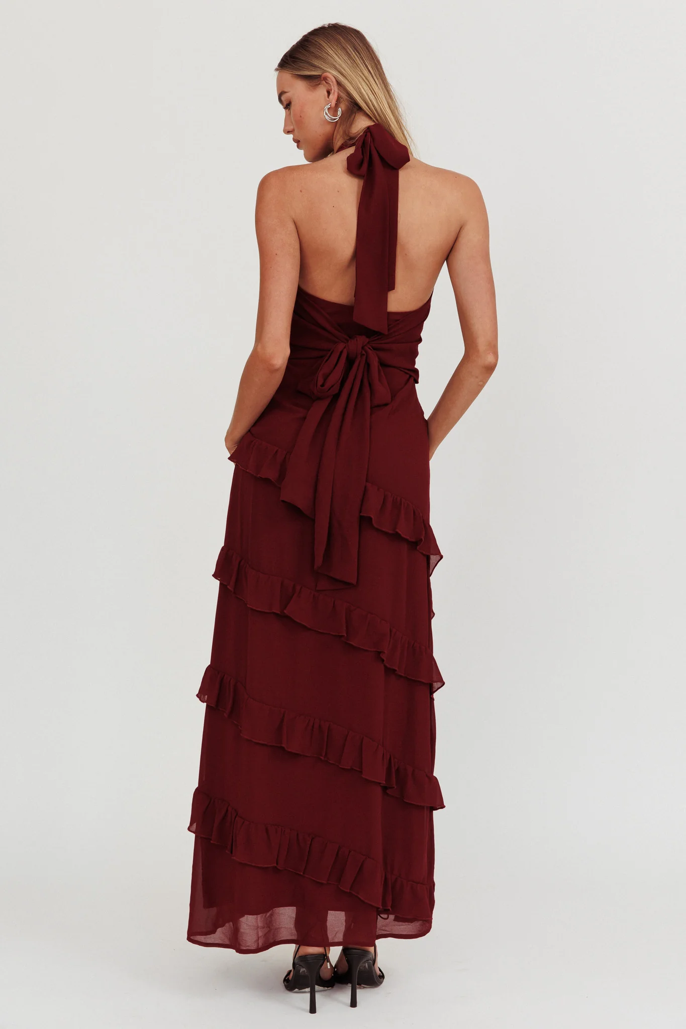 Flirt Frill Trim Halter Maxi Dress Wine - Seraphlike