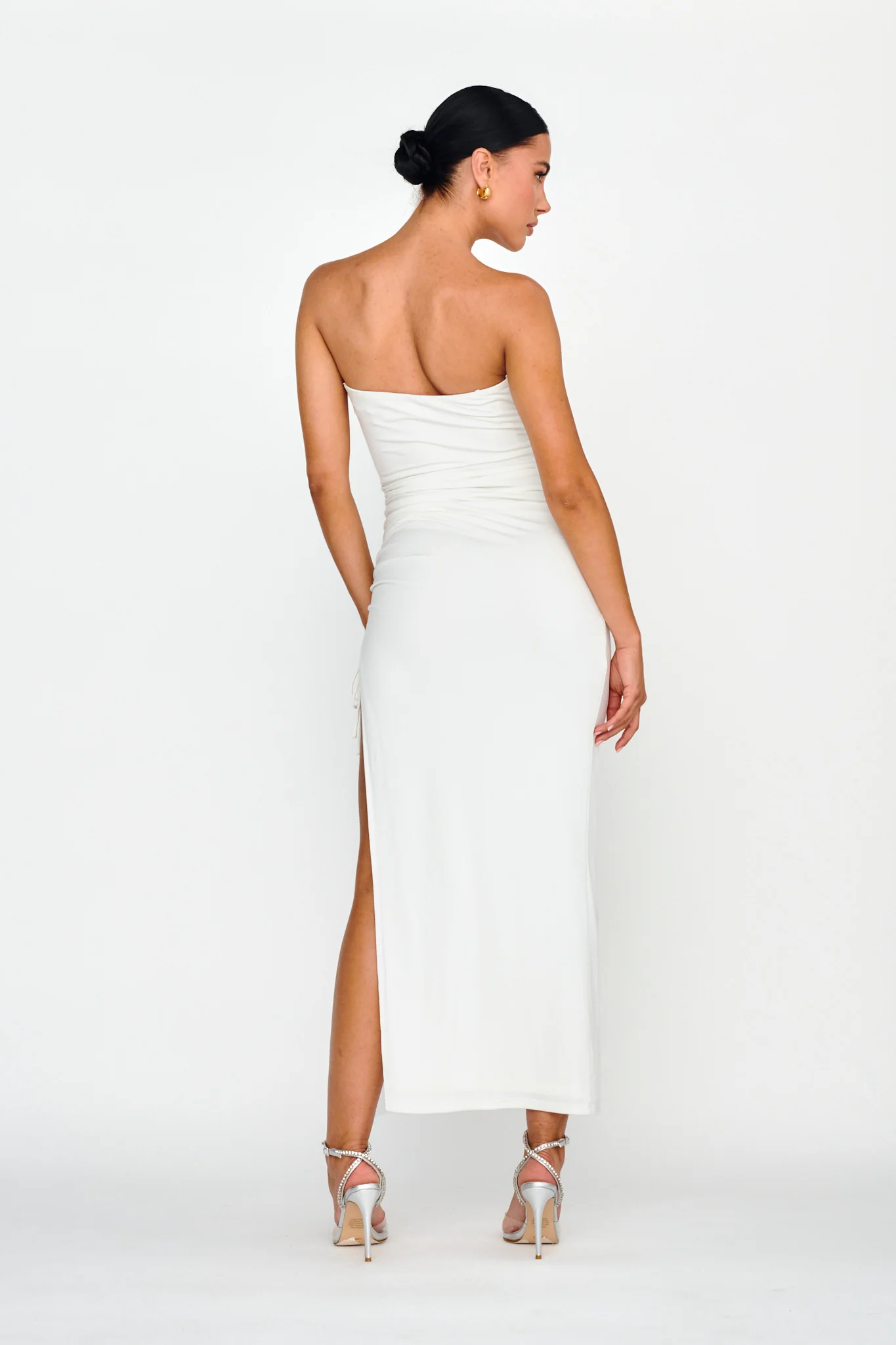 Affections Drawstring Ruched Split Maxi Dress White - Seraphlike