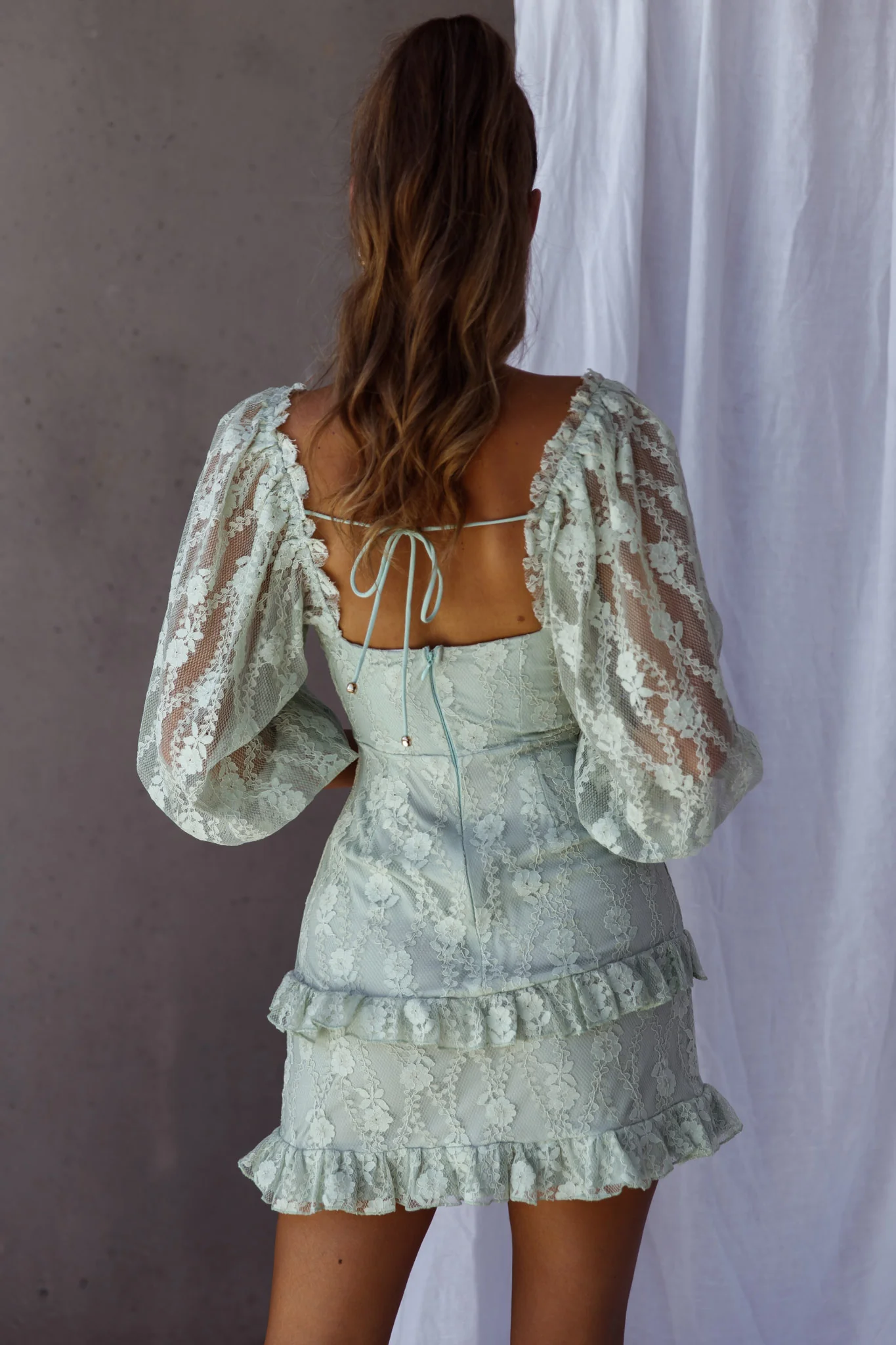 Hemingway Criss-Cross Bust Balloon Sleeve Frill Trim Lace Dress Sage - Seraphlike