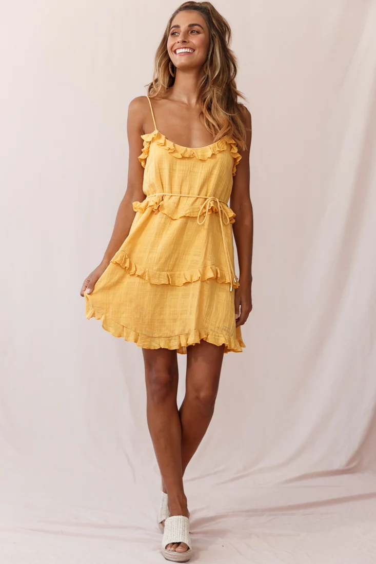 Maria Frill Trim Spaghetti Strap Dress Mustard - Seraphlike