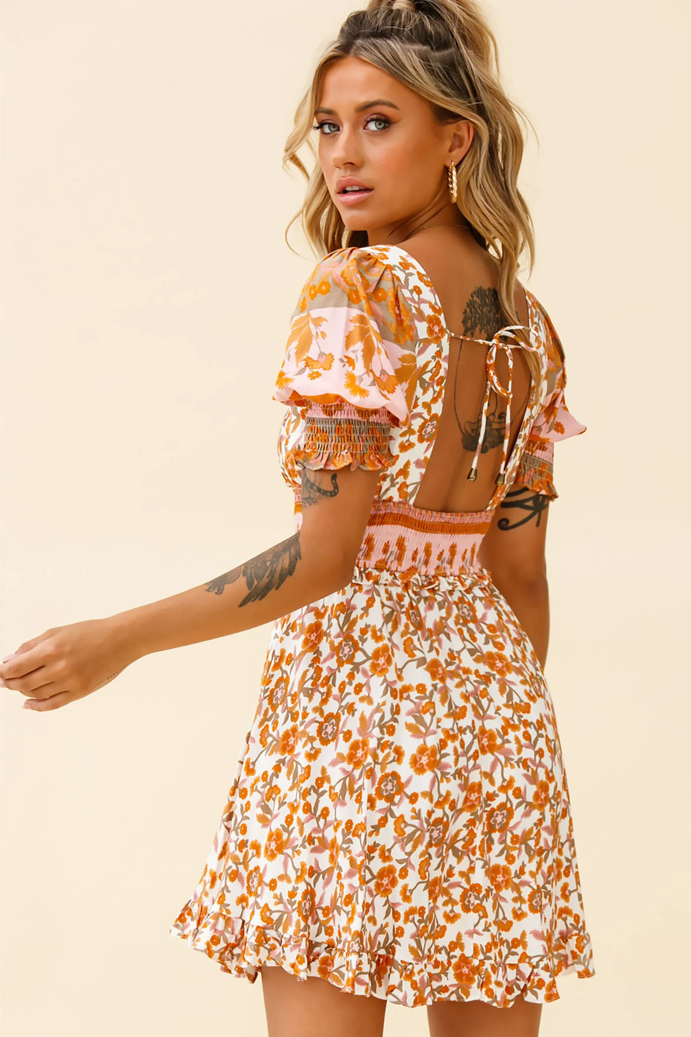 Summer In Paris Puff Sleeve Open Back Dress Floral Print White/Pink - Seraphlike