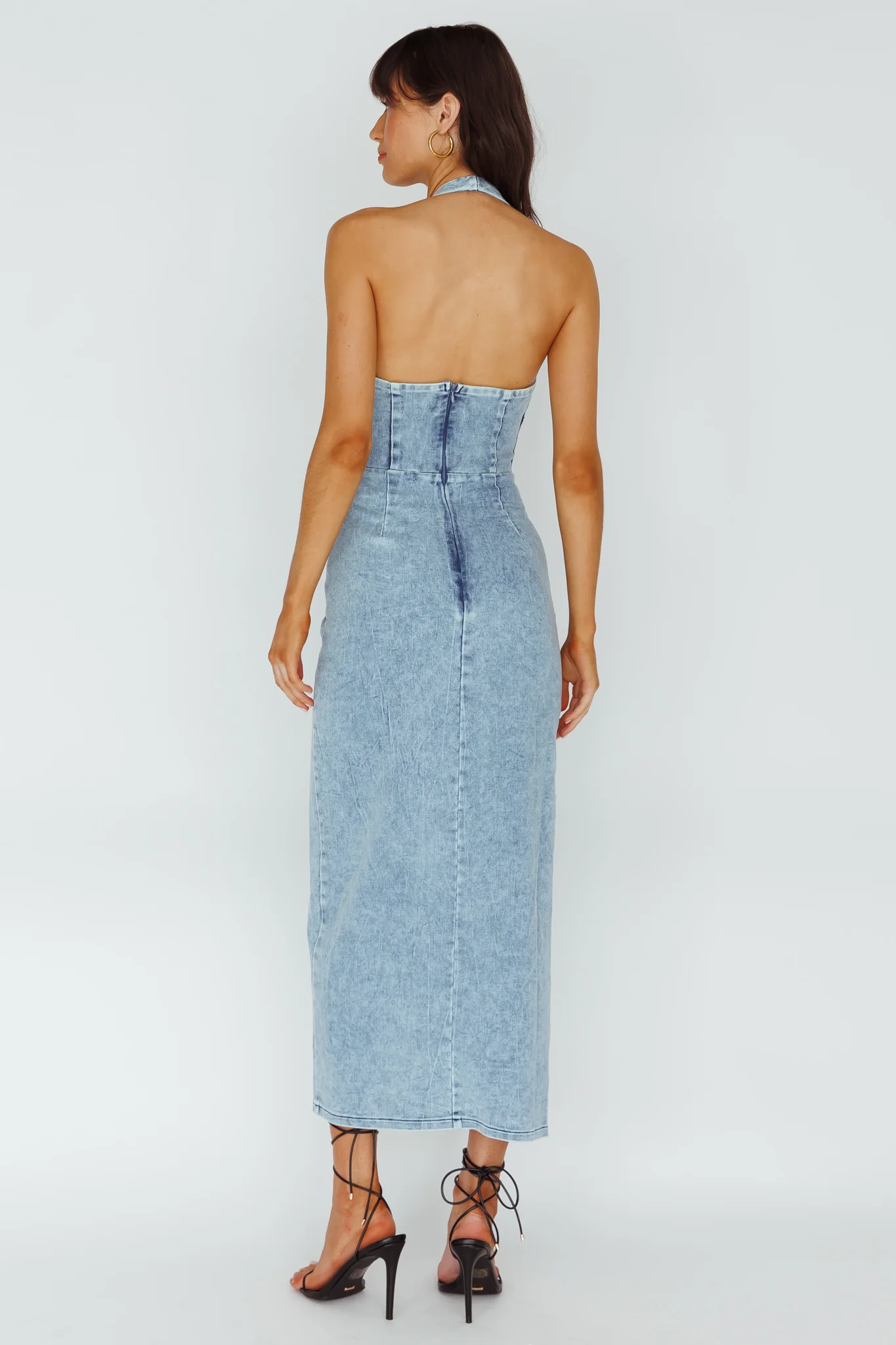 Renita Halterneck Button Maxi Dress Denim Blue - Seraphlike