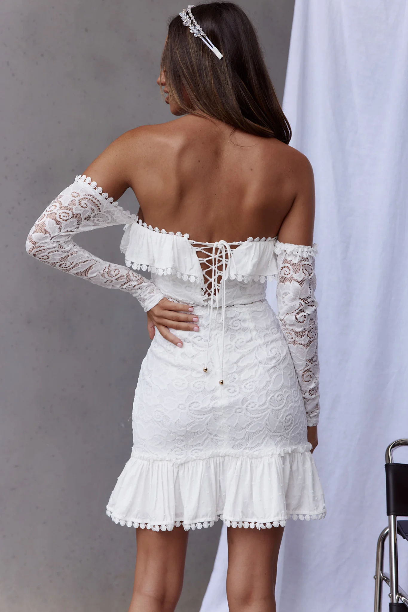 Mae Long Sleeve Sweetheart Crochet Lace Dress White - Seraphlike