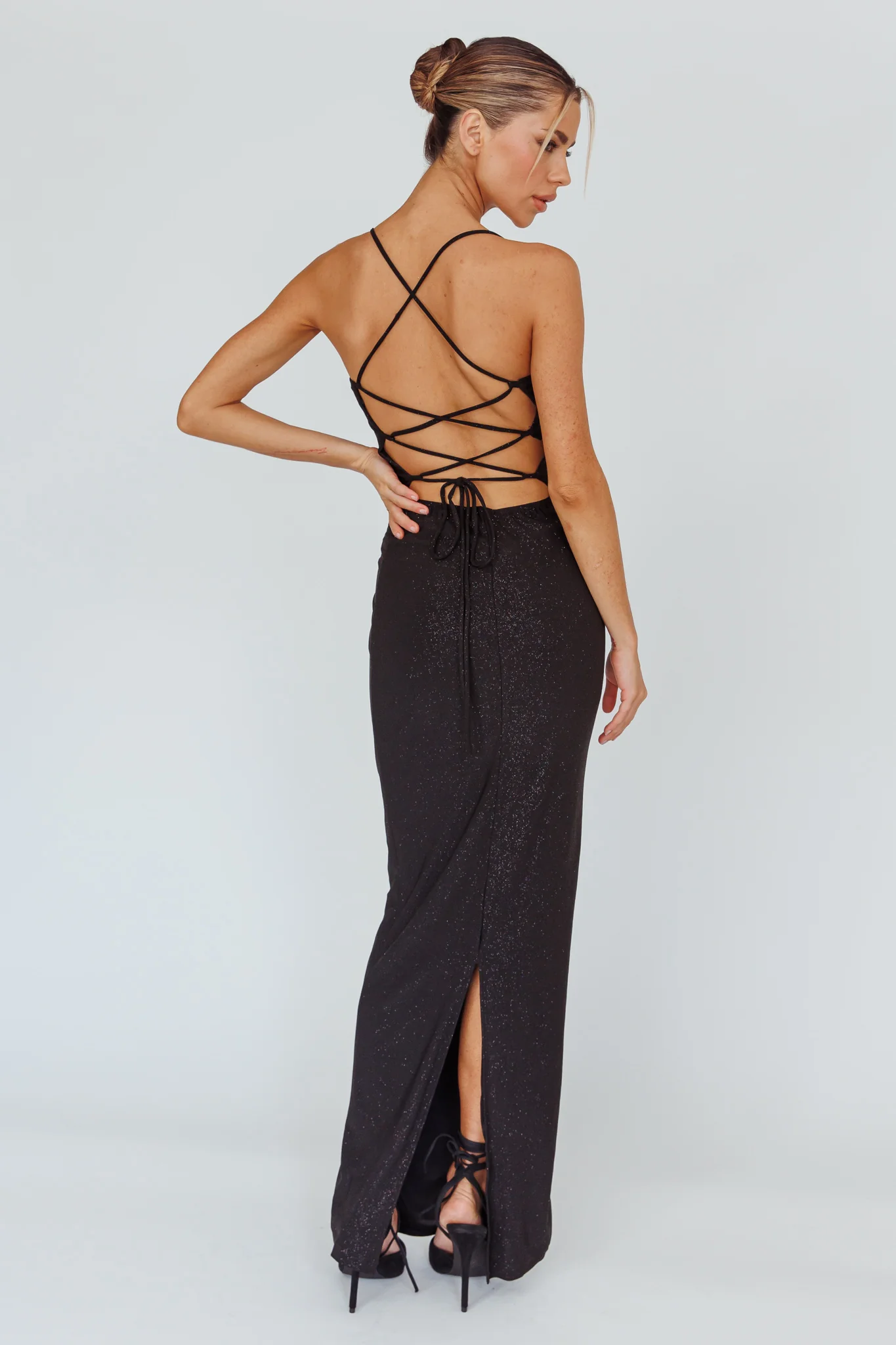 Ailani Lace-Up Back Maxi Dress Sparkle Black - Seraphlike