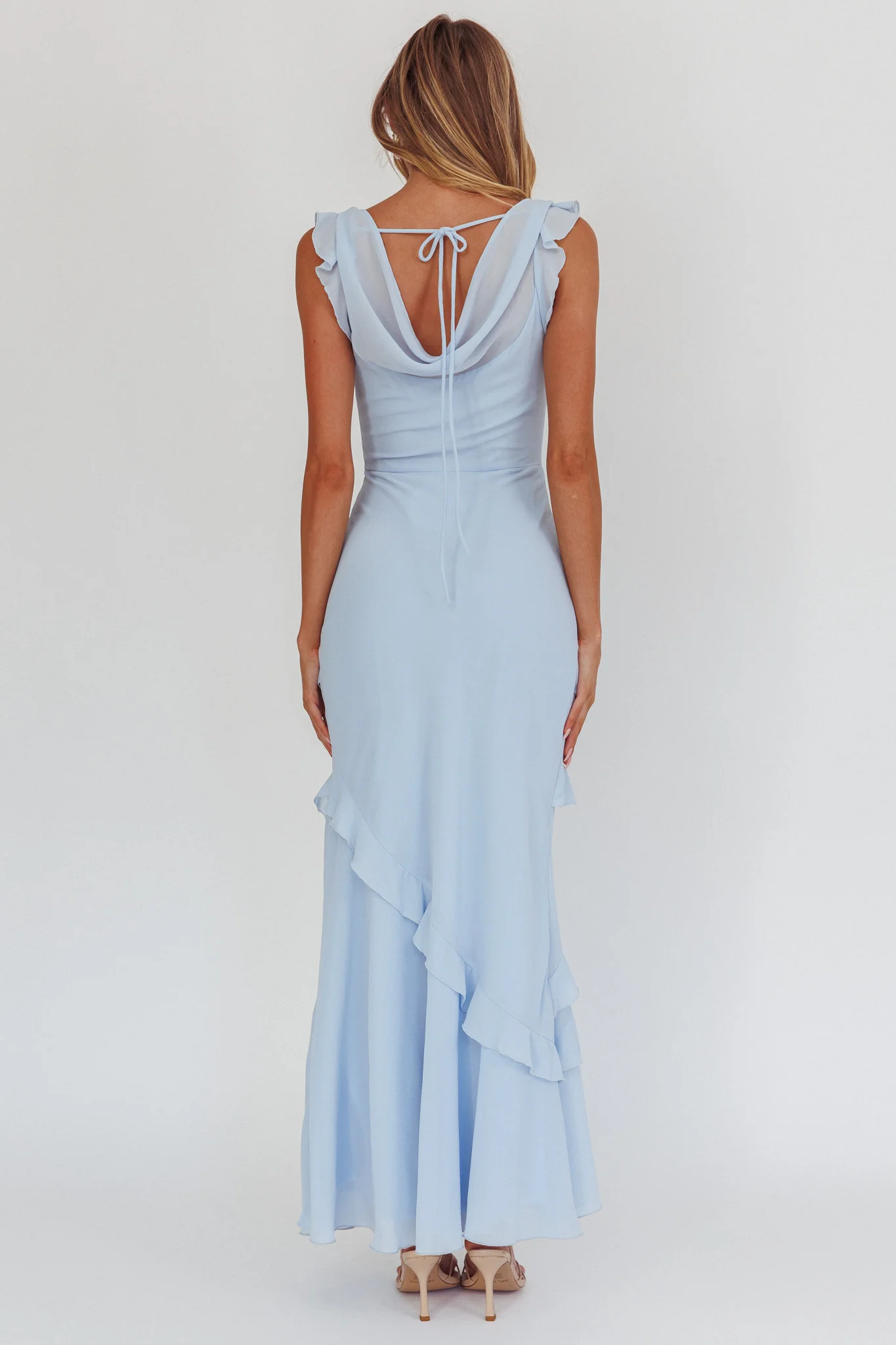 Sangria Cowl Neck Frill Maxi Dress Blue - Seraphlike
